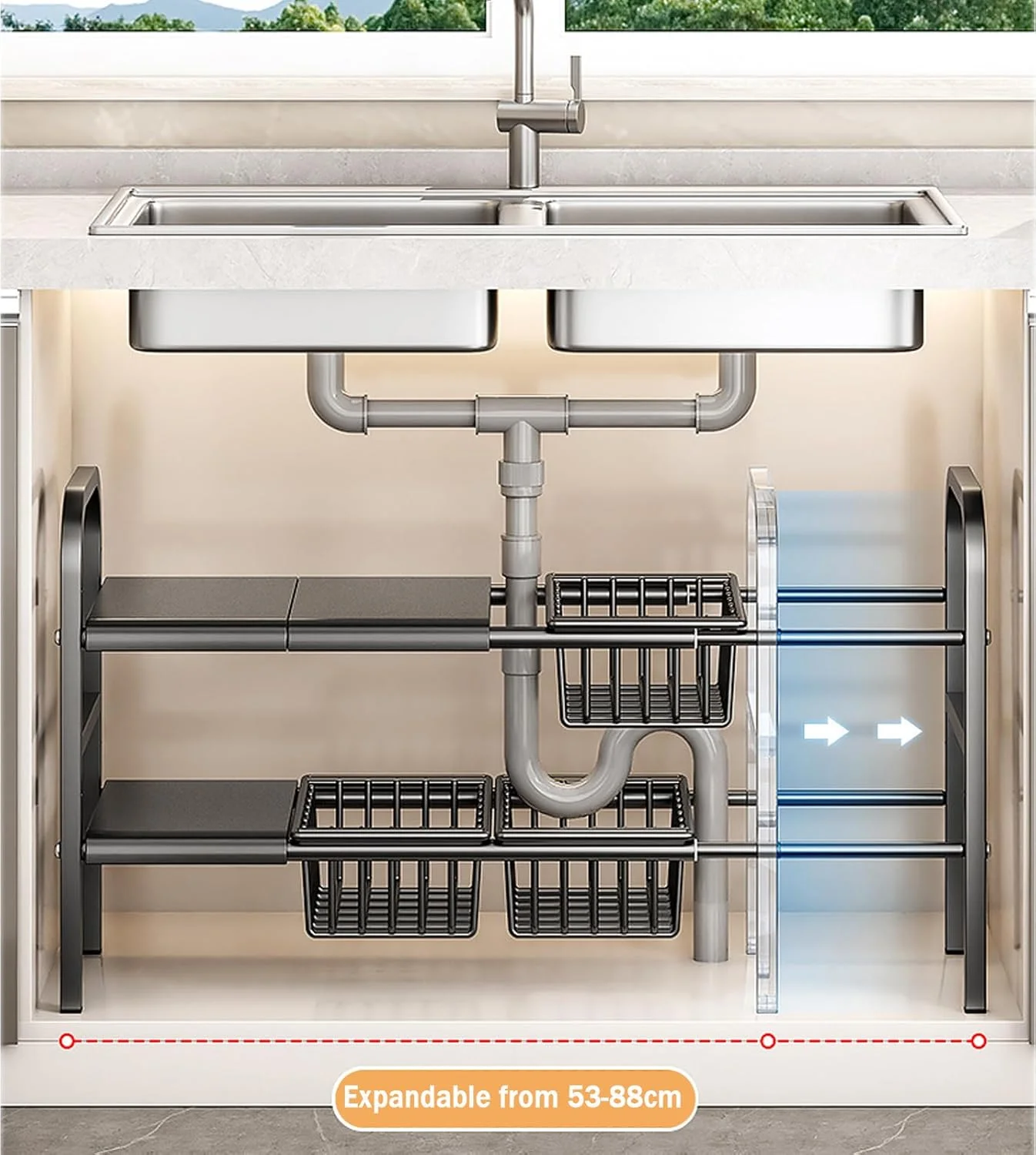 ارگانایزر زیر سینک U-HOOME، ارگانایزر قفسه کابینت 2 طبقه قابل گسترش، قفسه ذخیره سازی زیر سینک با 5 پنل و 5 سبد قابل جابجایی برای آشپزخانه حمام، روی میز (مشکی (4P+4B))