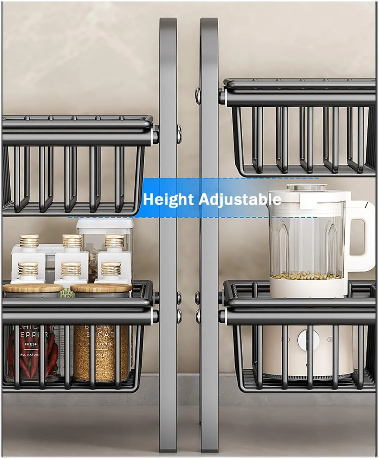 ارگانایزر زیر سینک U-HOOME، ارگانایزر قفسه کابینت 2 طبقه قابل گسترش، قفسه ذخیره سازی زیر سینک با 5 پنل و 5 سبد قابل جابجایی برای آشپزخانه حمام، روی میز (مشکی (4P+4B))