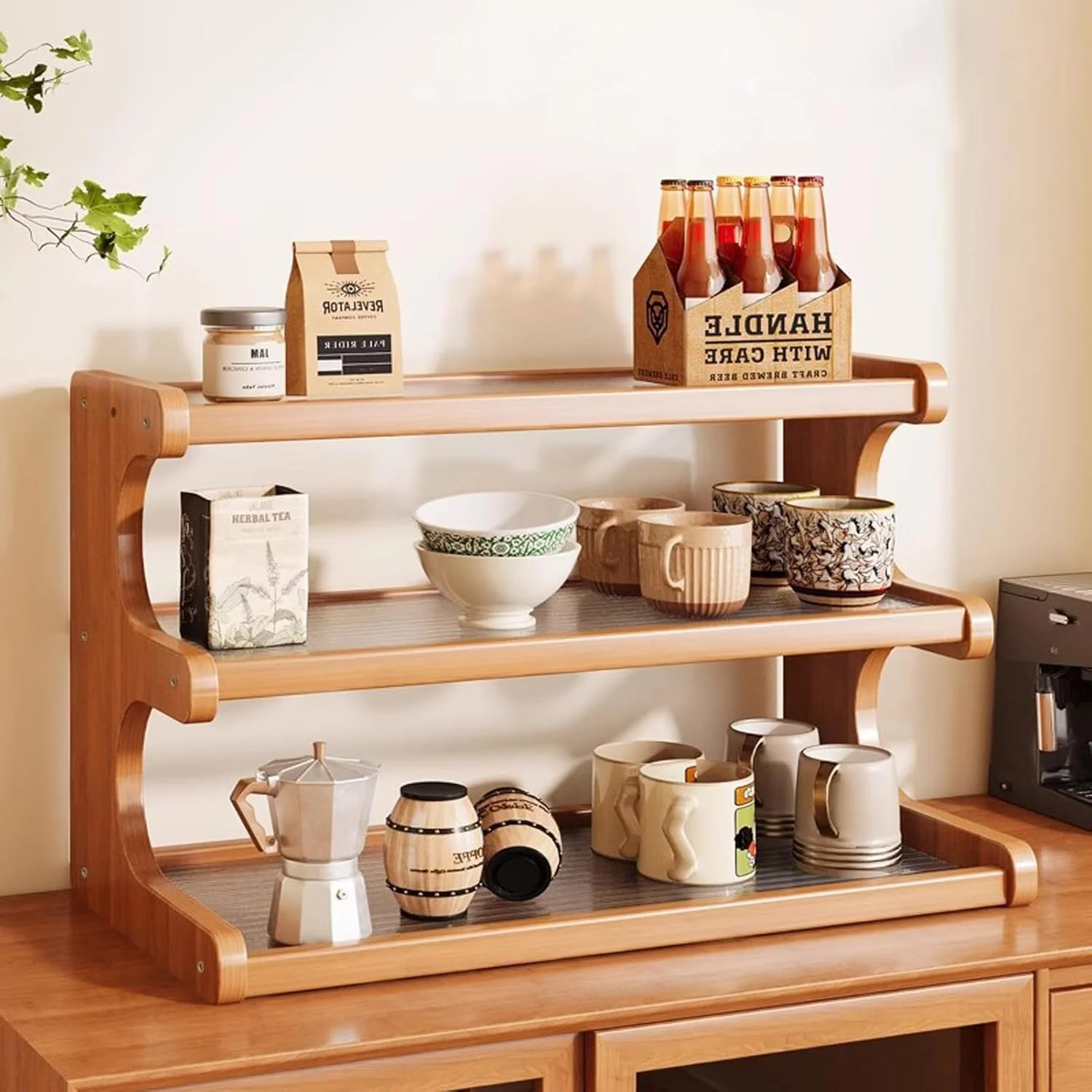 قفسه رومیزی بامبو U-HOOME، قفسه نگهداری ادویه جات آشپزخانه، سازمان دهنده ایستگاه قهوه، نگهدارنده فنجان چای، سازمان دهنده پیشخوان برای لوازم جانبی بار قهوه اداری خانگی (3 طبقه)
