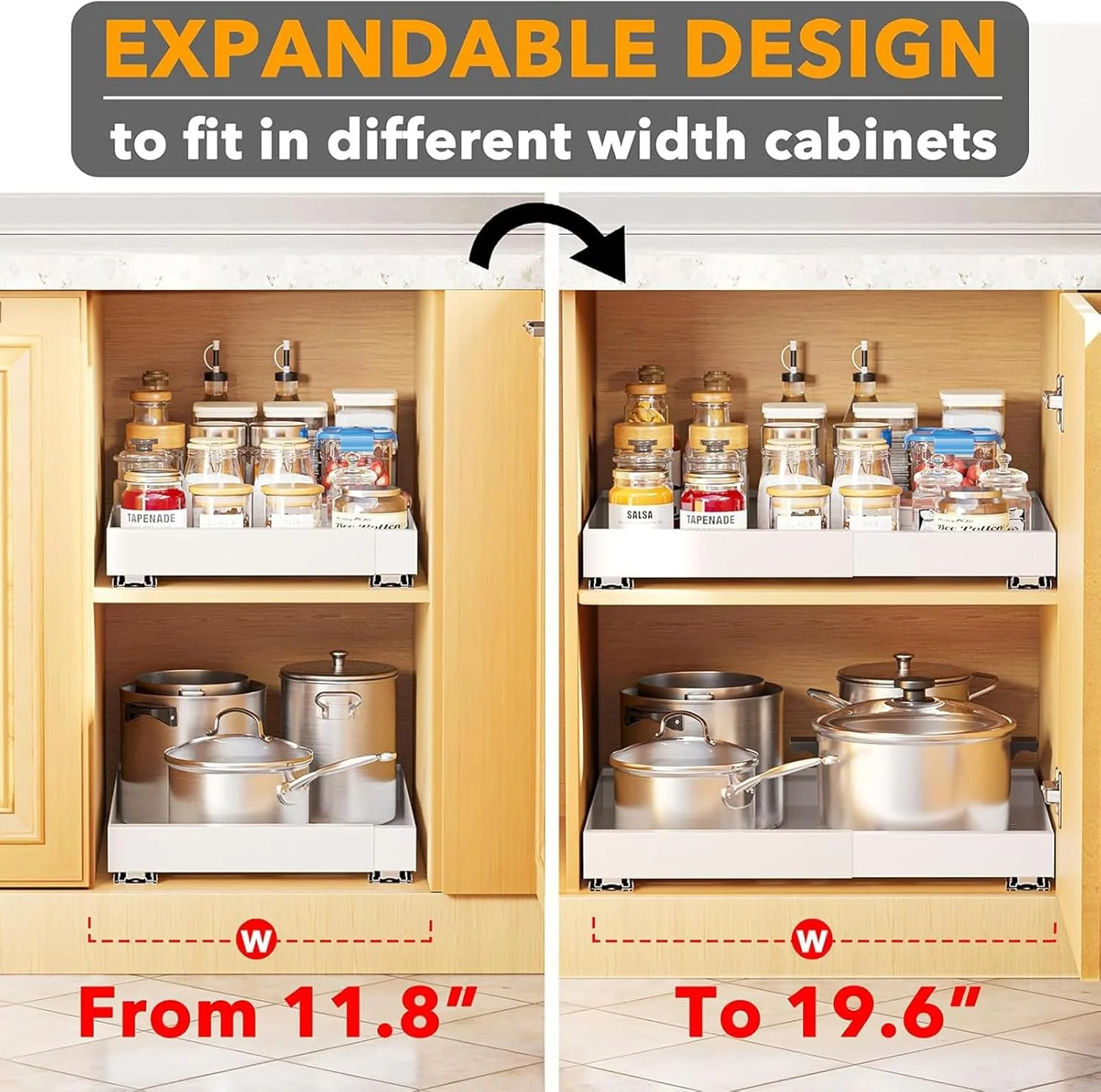 U-HOOME 2 Pcs Pull Out Cabinet Organizer, Expandable Slide Out Drawers for Kitchen Cabinets, Under Sink Pull-Out Organizers with Adhesive Nano Film, Sliding Cabinet for Pantry Storage Shelf (White)