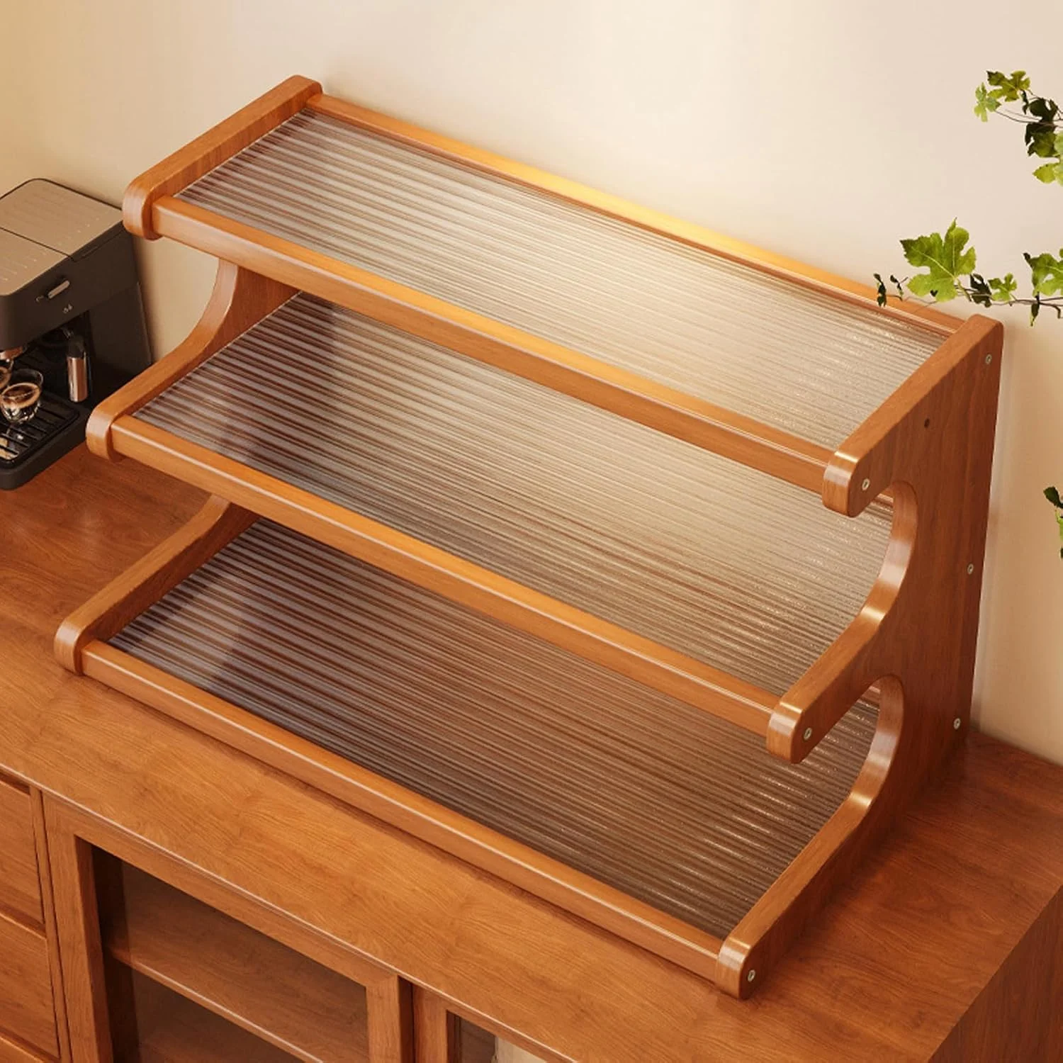 قفسه رومیزی بامبو U-HOOME، قفسه نگهداری ادویه جات آشپزخانه، سازمان دهنده ایستگاه قهوه، نگهدارنده فنجان چای، سازمان دهنده پیشخوان برای لوازم جانبی بار قهوه اداری خانگی (3 طبقه)