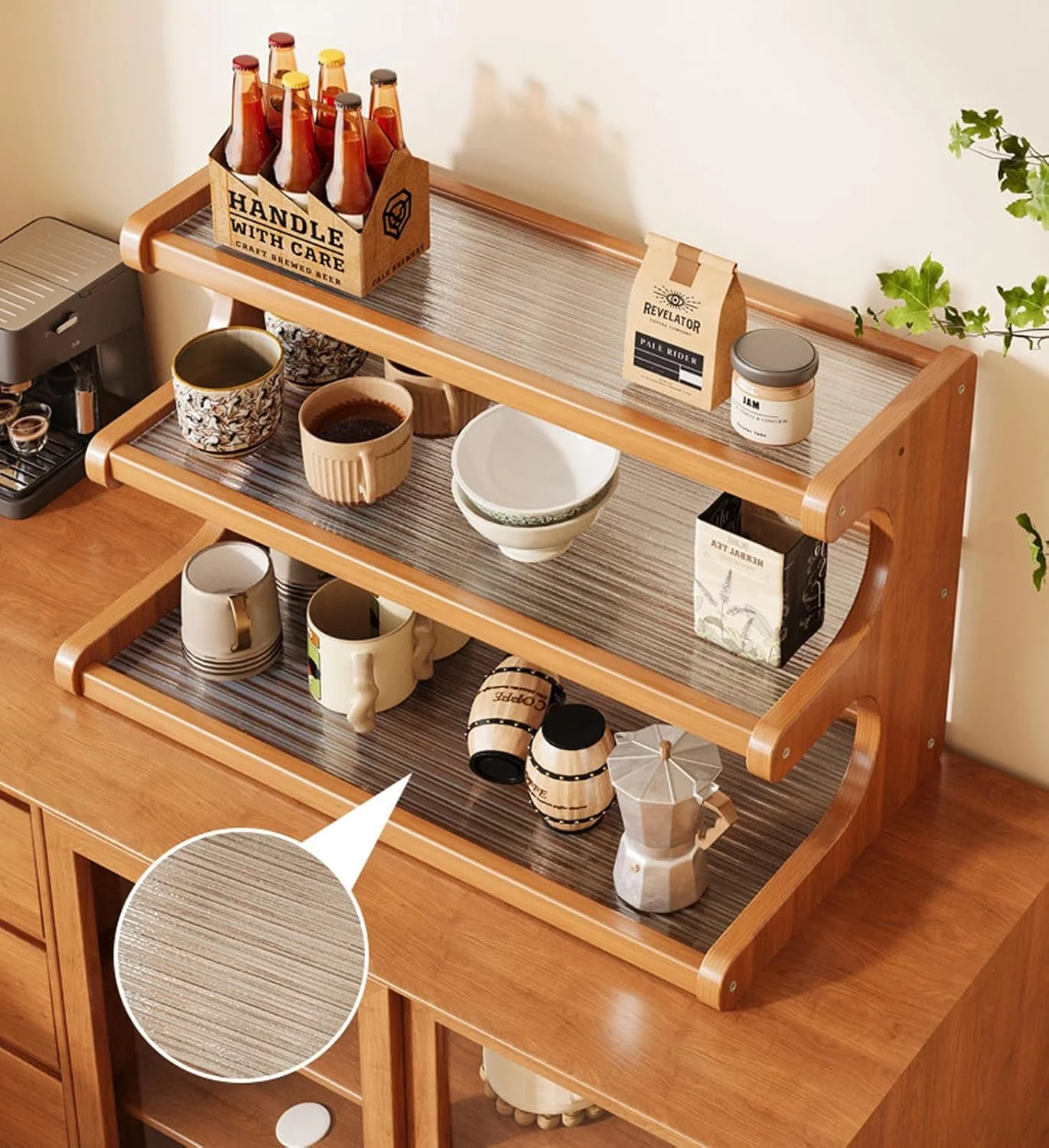قفسه رومیزی بامبو U-HOOME، قفسه نگهداری ادویه جات آشپزخانه، سازمان دهنده ایستگاه قهوه، نگهدارنده فنجان چای، سازمان دهنده پیشخوان برای لوازم جانبی بار قهوه اداری خانگی (3 طبقه)