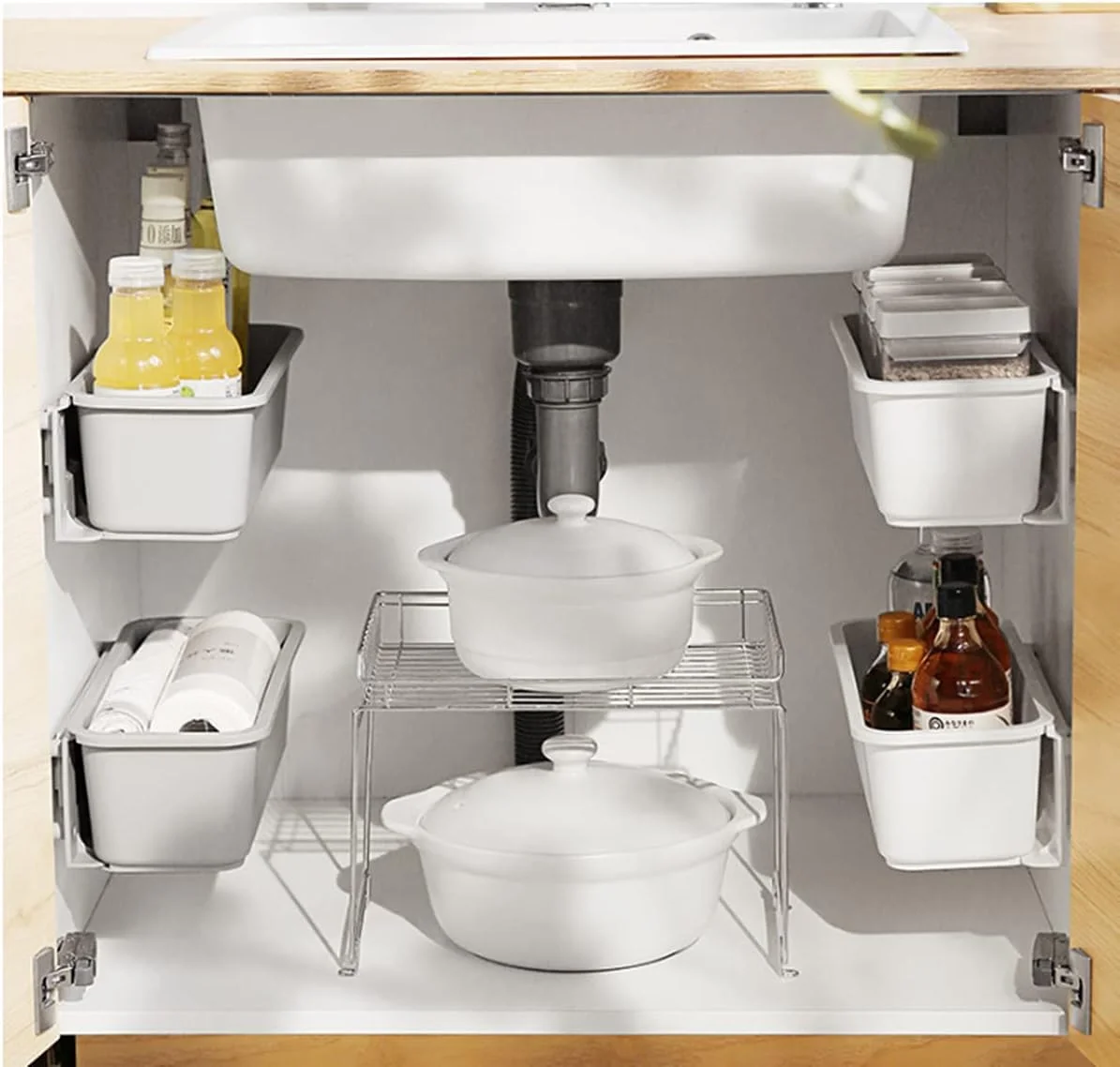 ارگانایزر زیر سینک U-HOOME، 2 عدد، قفسه کشویی برای کابینت، قفسه دیواری برای نگهداری در آشپزخانه و حمام