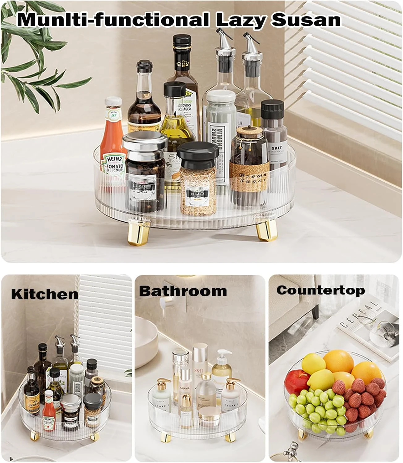 ارگانایزر گردان 360 درجه U-HOOME، قفسه ادویه گردان، قفسه نگهداری ادویه چرخشی برای آشپزخانه، انبار، عطر، سازمان دهنده آرایش، سینی لوازم آرایشی بهداشتی، سازمان دهنده میز آرایش