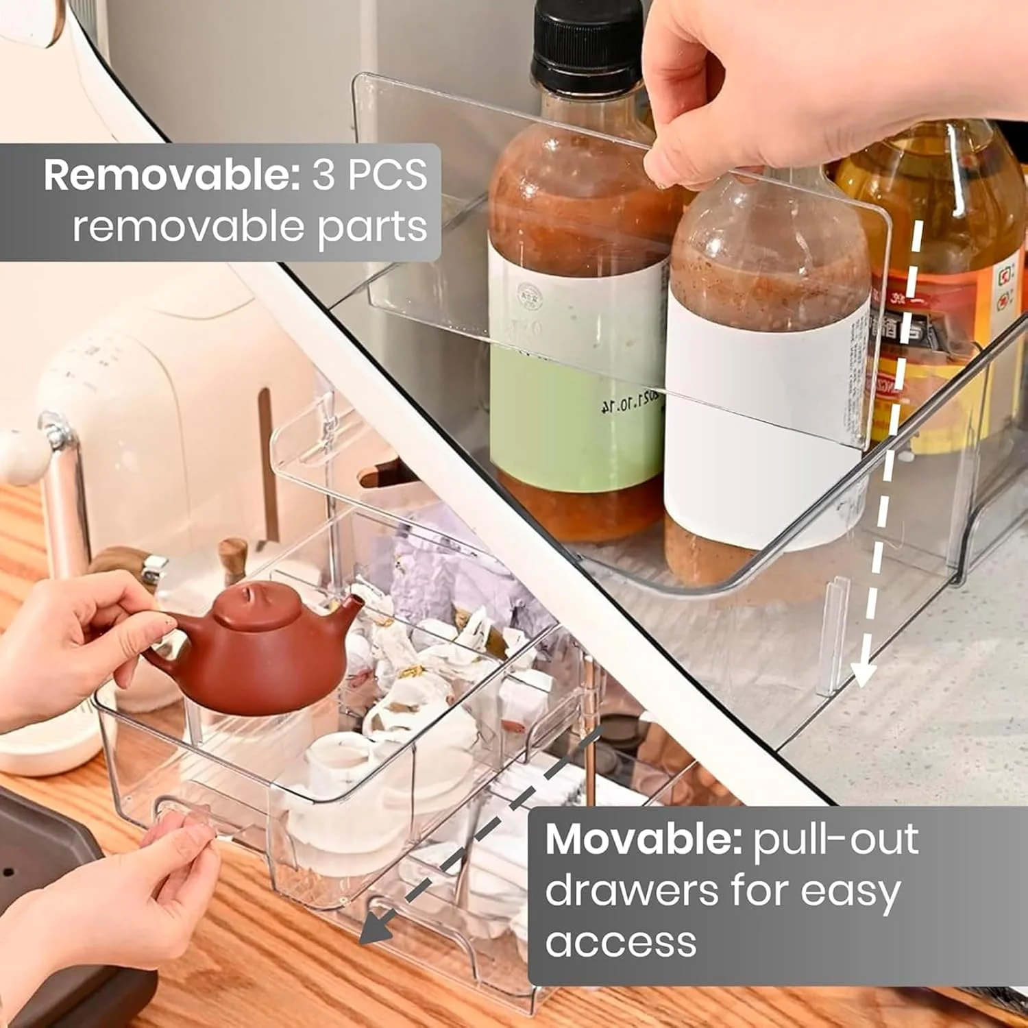 سازمان دهنده و نگهدارنده زیر سینک حمام 3 طبقه U-HOOME، سازمان دهنده و نگهدارنده چند منظوره پنتری قابل انباشت، سازمان دهنده کابینت آشپزخانه و حمام شفاف کشویی با جداکننده های متحرک (گزینه 2)