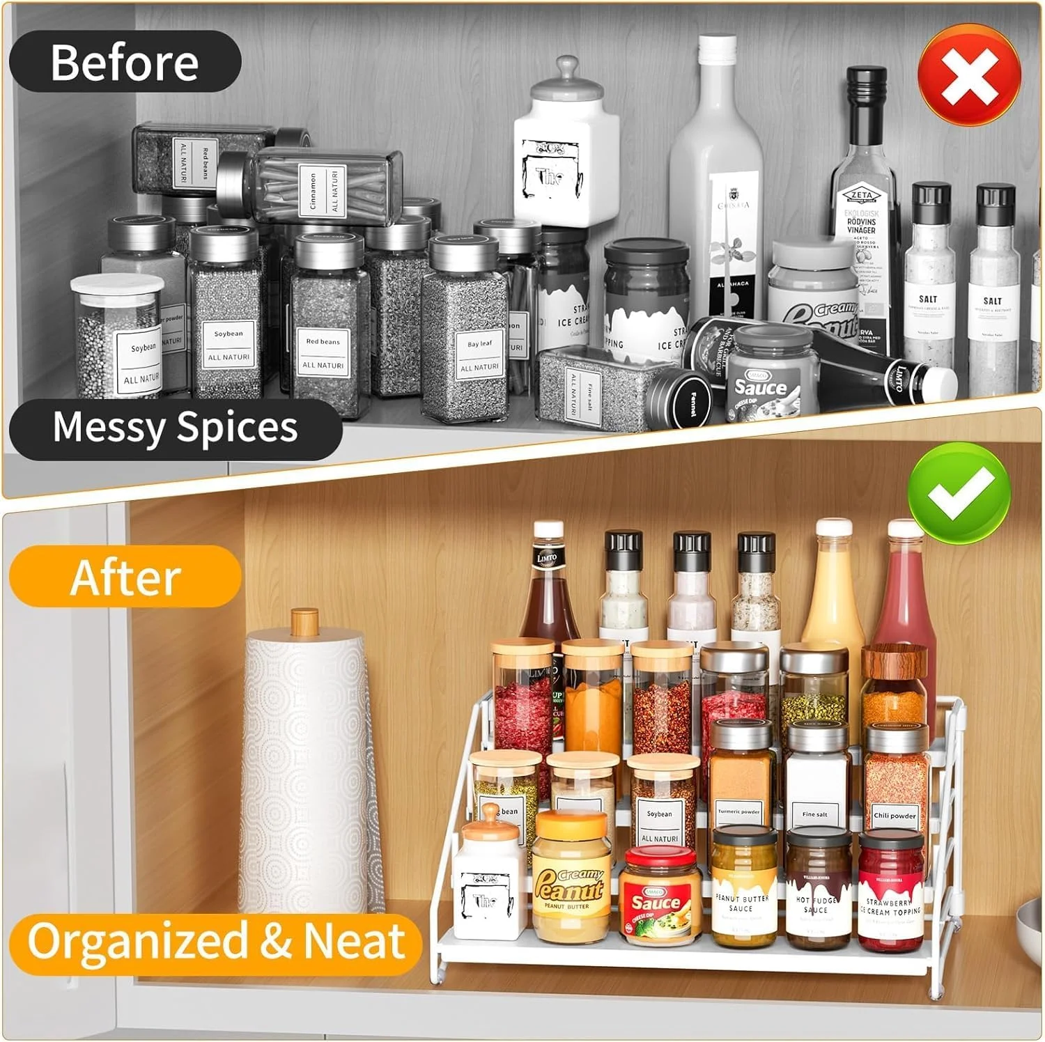 سازمان دهنده قفسه ادویه U-HOOME، 4 طبقه، مناسب کابینت و کمد، قفسه ادویه قابل تنظیم عمق، مناسب برای کابینت، پیشخوان، کمد و سازماندهی کابینت آشپزخانه (سفید)