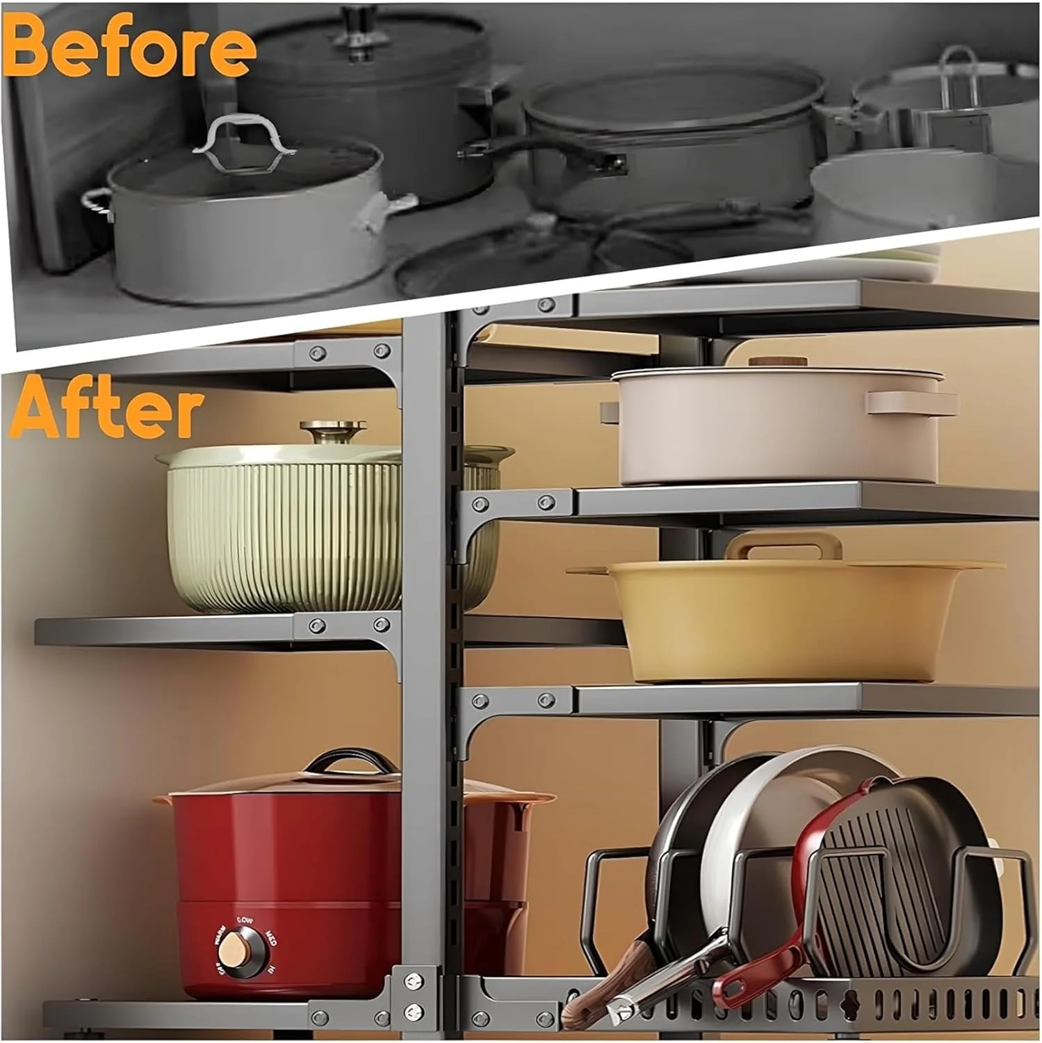 نگهدارنده 7 طبقه قابلمه و تابه U-HOOME برای زیر کابینت، قفسه سنگین و قابل تنظیم برای سازماندهی و نگهداری ظروف آشپزخانه در زیر سینک برای قابلمه، تابه و درب (2 عدد)