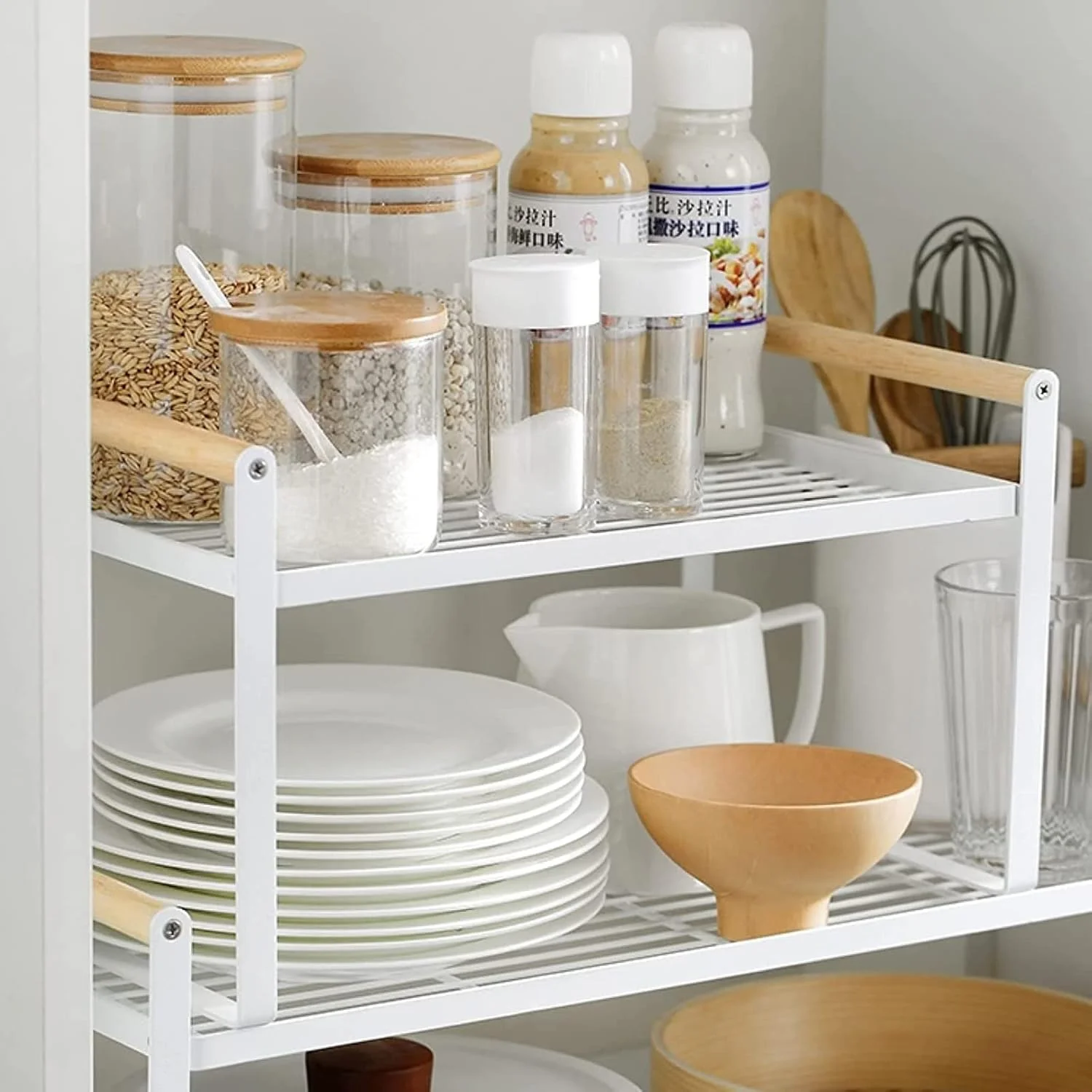 U-HOOME Kitchen Cabinet Pantry Shelf,Cupboard Stand Spice Rack Organizer,Stackable Countertop Organization and Storage For Kitchen Bathroom Office (1 pack-White Large)