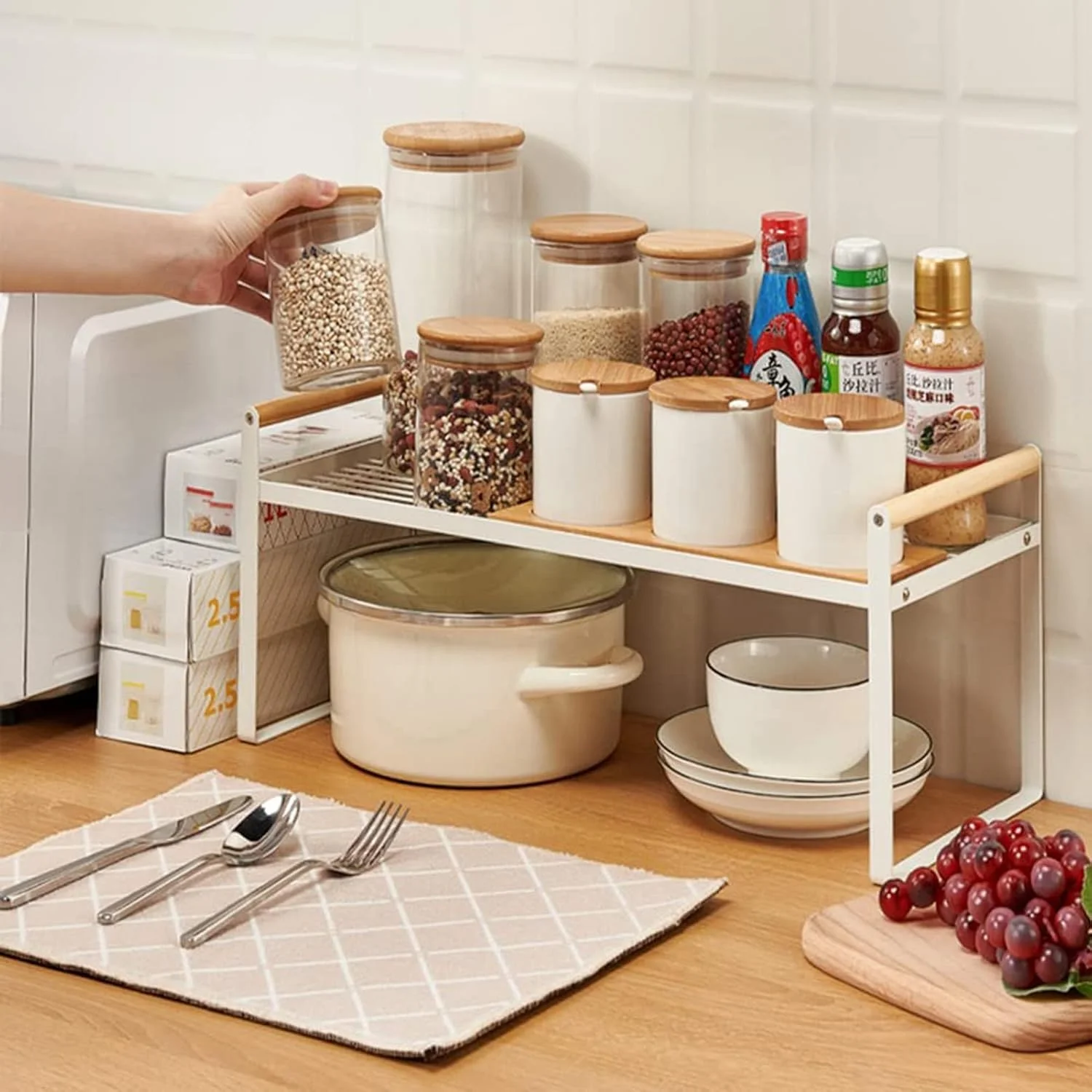 U-HOOME Kitchen Cabinet Pantry Shelf,Cupboard Stand Spice Rack Organizer,Stackable Countertop Organization and Storage For Kitchen Bathroom Office (1 pack-White Large)