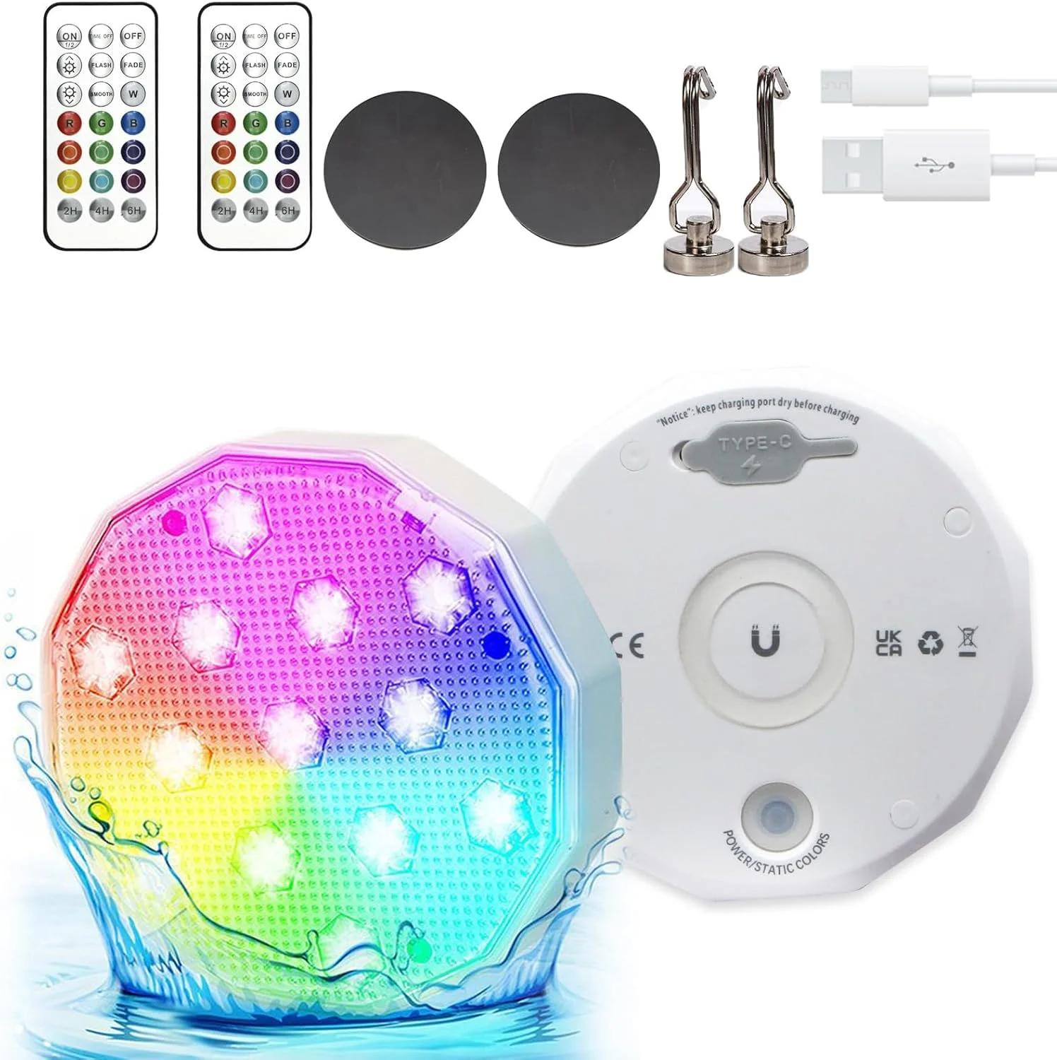 چراغ های استخری LED زیرآبی قابل شارژ KASTWAVE با ریموت، ضد آب IP68 با 16 رنگ برای وان آب گرم، زیر آب، بالای زمین، داخل زمین، حمام، مهمانی - بسته 2 عددی چراغ های استخری LED زیرآبی قابل شارژ KASTWAVE با ریموت، ضد آب IP68 با 16 رنگ برای وان آب گرم، زیر آب، بالای زمین، داخل زمین، حمام، مهمانی - بسته 2 عددی