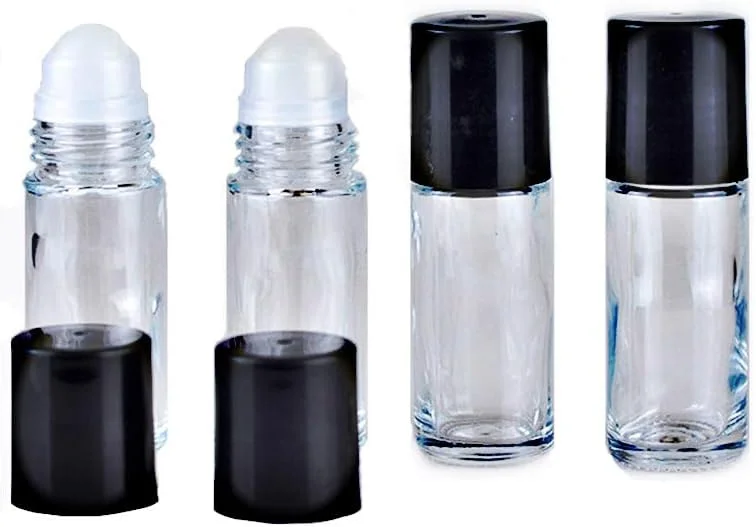 مجموعه 4 عددی بطری غلطکی شیشه ای دئودورانت Constore، 30 میلی لیتری، با توپک غلطکی پلاستیکی و درب مشکی ضد نشت، مناسب برای ماساژ و نگهداری مایعات