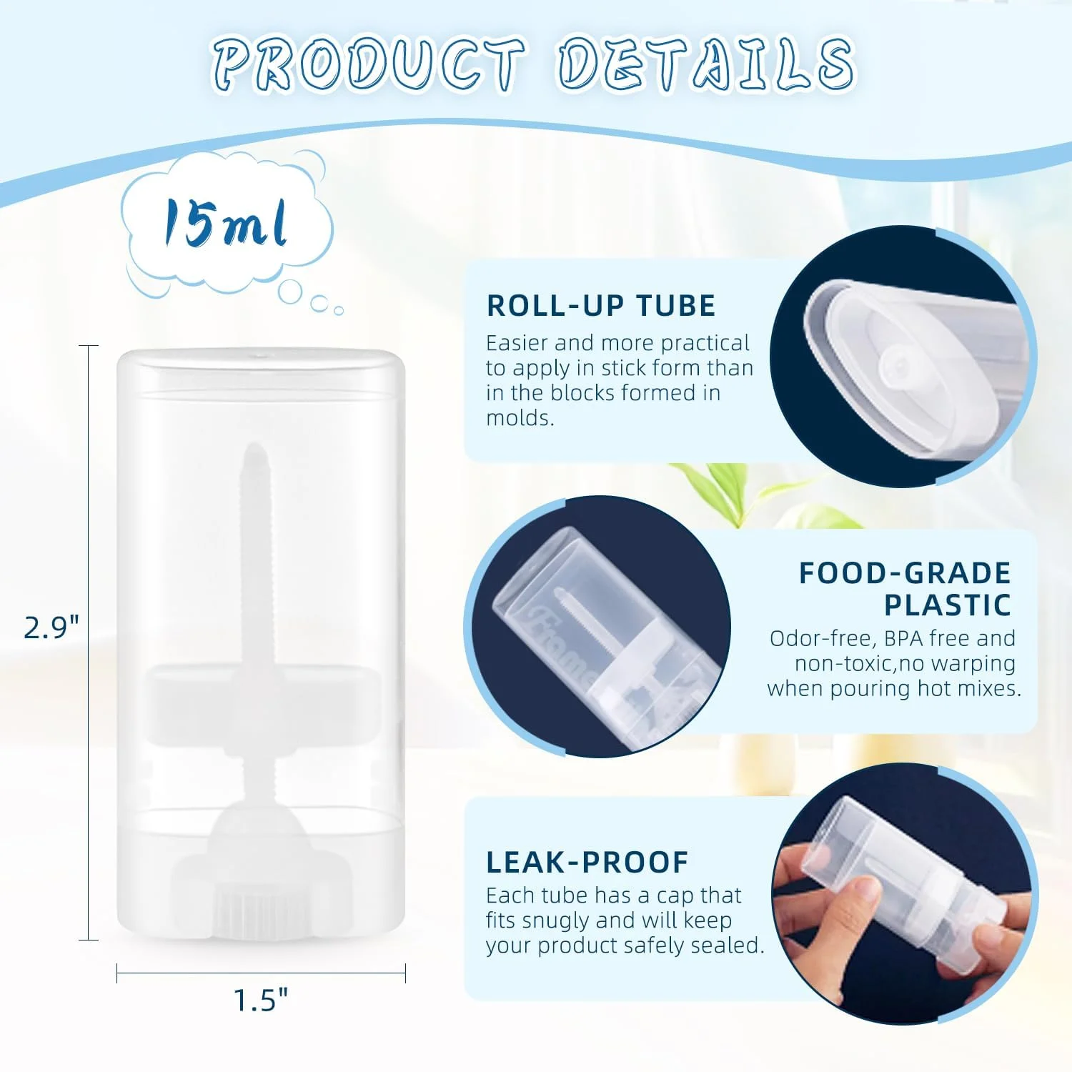 بسته 50 عددی ظرف دئودورانت شفاف 15 میلی لیتری، لوله های پلاستیکی بیضی شکل خالی برای بالم لب، بالم لب بزرگ، استیک لوسیون، لوسیون جامد عطر، ضد آفتاب - لوله دئودورانت جیبی