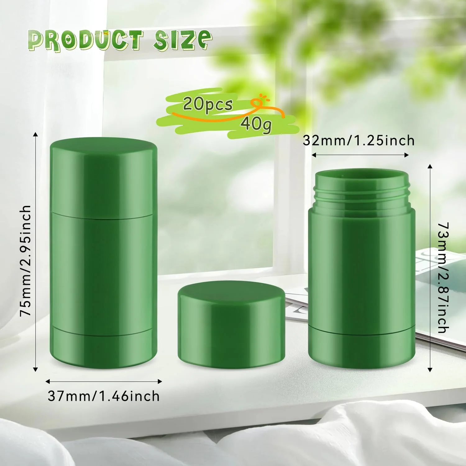 داین‌دی 20 عددی لوله های دئودورانت پلاستیکی سبز 40 گرمی، ظروف پرکننده مجدد عطر جامد، شیشه های پر شونده از پایین برای لوسیون های خانگی، بالم لب، استیک ضد آفتاب