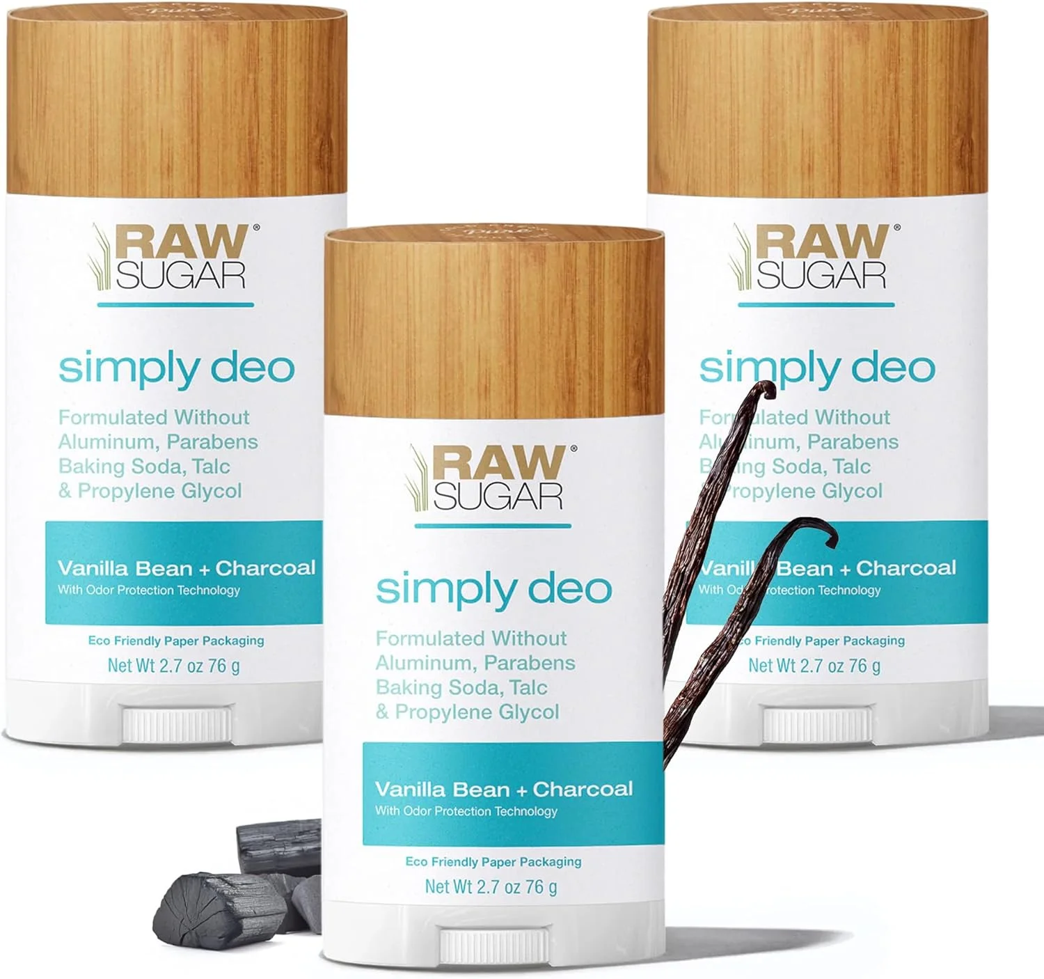 استیک دئودورانت بدون آلومینیوم Raw Sugar، بسته Simply Deo (بسته 3 عددی) دئودورانت کل بدن برای زنان و مردان، فرمولاسیون تمیز بدون جوش شیرین، تالک و پارابن، رایحه وانیل و زغال