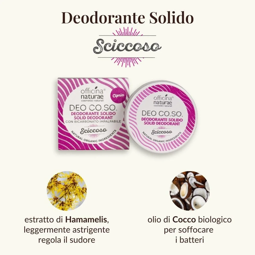 دئودورانت جامد بایو پودری شیک چیکوسو Officina Naturae DEO CO.SO. بدون پلاستیک و حاوی بیکربنات 50 میلی لیتر