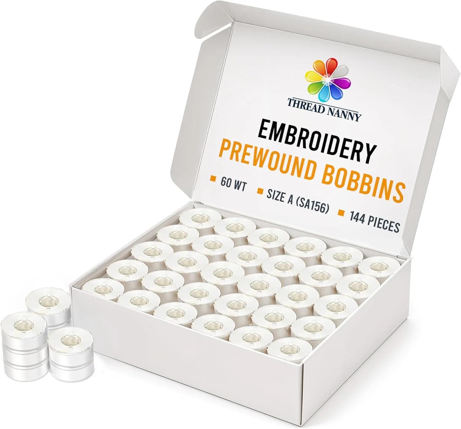نخ قرقره از پیش پیچیده شده ThreadNanny، 144 عدد، سفید، پلاستیکی، سایز A (SA156)، مناسب برای ماشین های گلدوزی و خیاطی برادر، نخ پلی استر