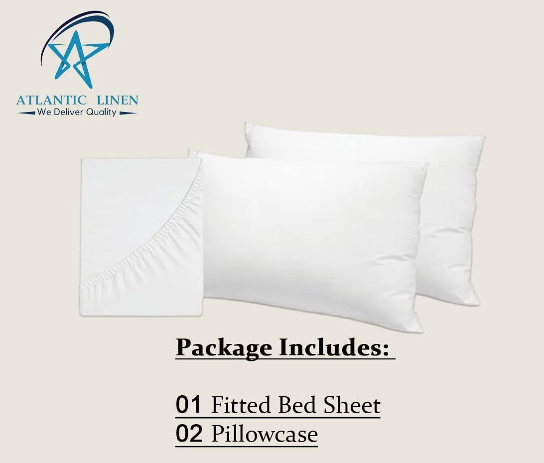 ملحفه کش‌دار کتان 100% آتلانتیک لینن، با تراکم 400، شامل 1 عدد ملحفه کش‌دار سایز کوئین 160x200+40 سانتی‌متر و 2 روبالشتی 50x70 سانتی‌متر، مناسب برای تشک تا ارتفاع 40 سانتی‌متر (سفید، کوئین)