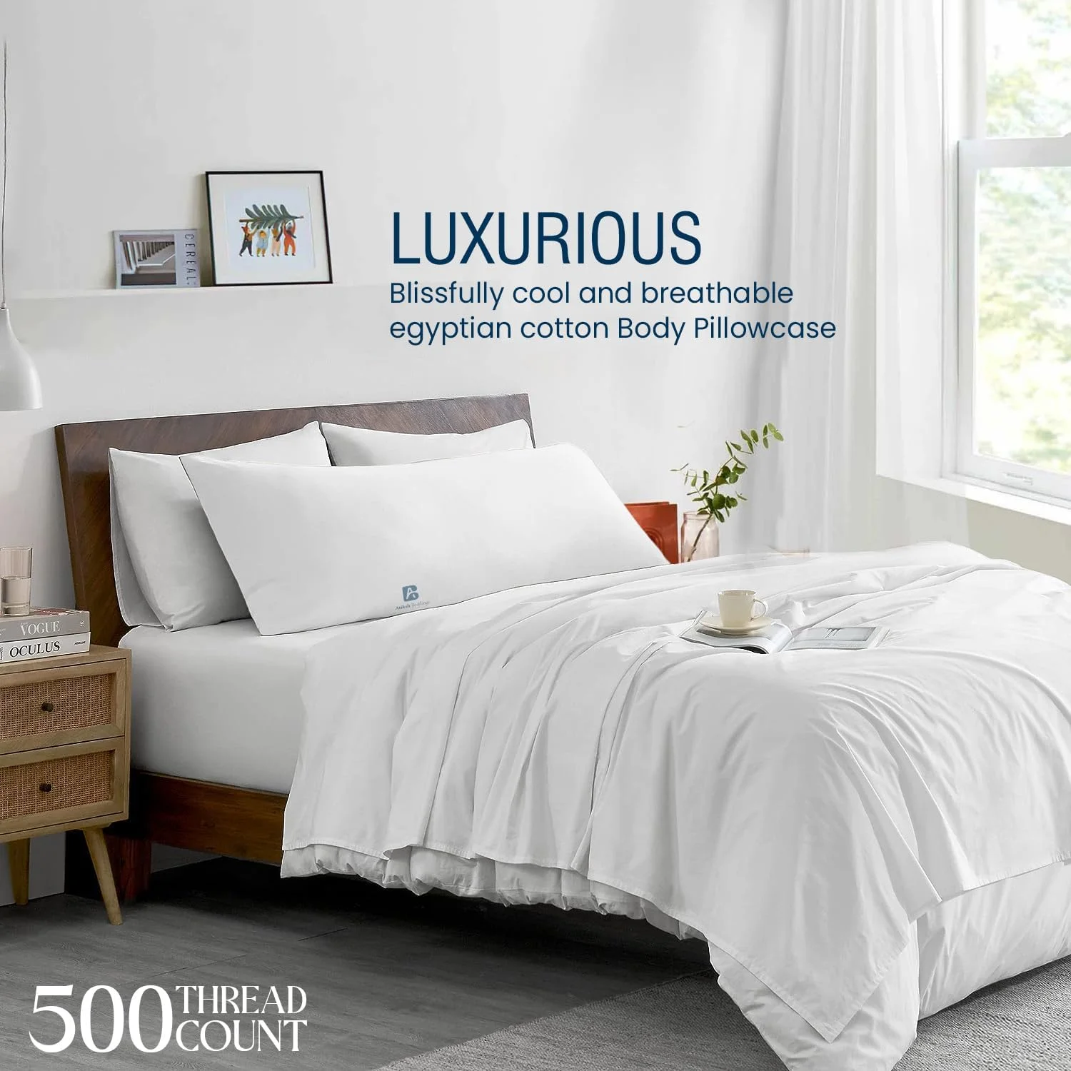 روبالشی بدنه اتیکش بدینگ با بست زیپی، 100% پنبه مصری 500 نخ، بسته 1 عددی روکش بلند بالش بدنه برای سایز بزرگسال 50x183 سانتی متر، سفید