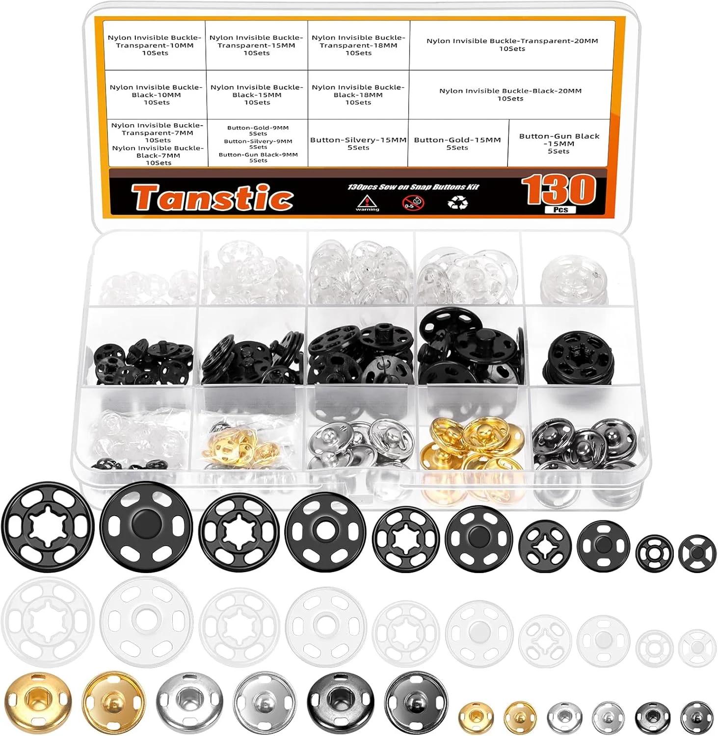 مجموعه 130 عددی دکمه فشاری دوختنی Tanstic، دکمه های فشاری پلاستیکی و فلزی برای دوخت لباس (7mm 9mm 10mm 15mm 18mm 20mm)