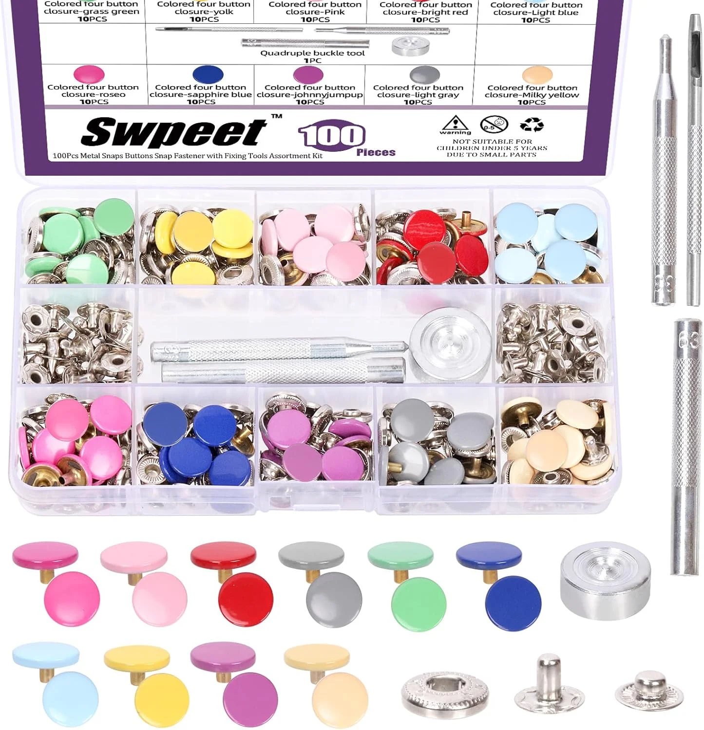 مجموعه 100 عددی دکمه های فشاری فلزی Swpeet در 10 رنگ مختلف، سایز 1.25 سانتی متر (1/2 اینچ) به همراه کیت ابزار 4 عددی برای نصب، مناسب برای لباس، چرم، کاپشن، شلوار جین، کیف و دستبند
