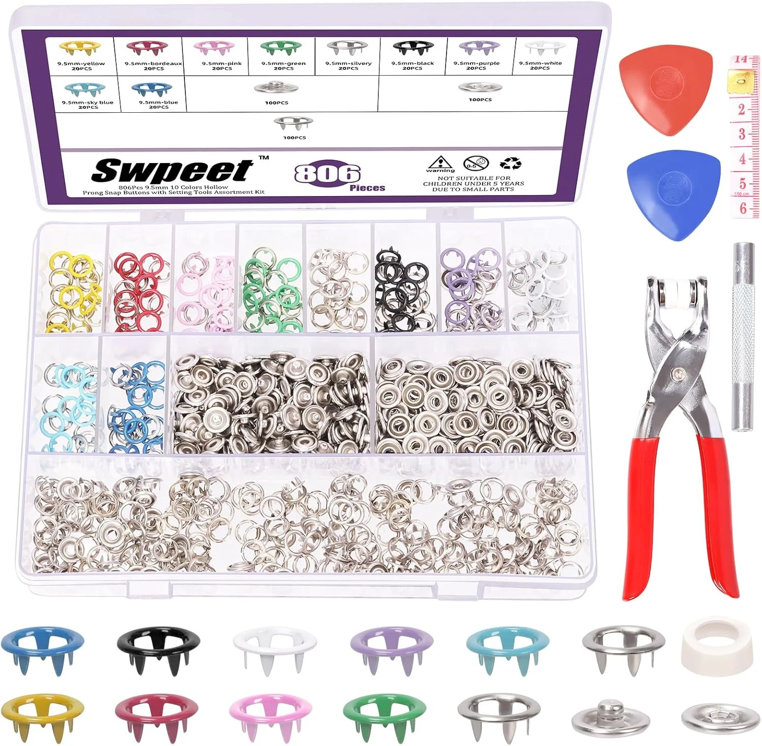 ست 200 عددی Swpeet - 807 تکه دکمه های فلزی فشاری 5 شاخه توخالی 3/8 اینچی در 10 رنگ با ابزار بست دکمه فشاری، انبر بست و کیت متنوع گچ خیاطی، دکمه های فشاری برای کاردستی DIY