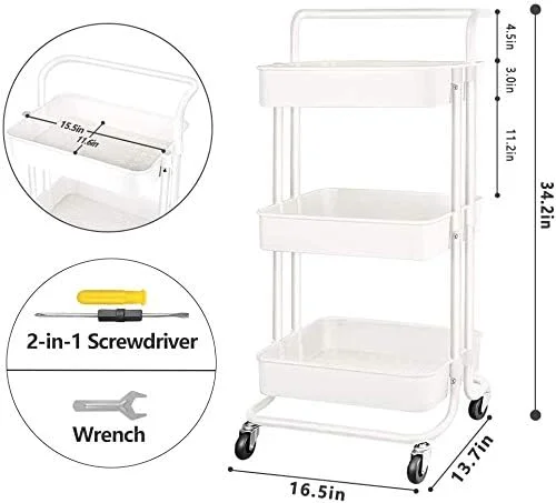 چرخ دستی سه طبقه چرخ دار YumLock با دسته، سبد توری سازمان دهنده قفسه های بزرگ چند منظوره و متحرک سنگین برای آشپزخانه، حمام، اتاق خواب، دفتر کار، سفید