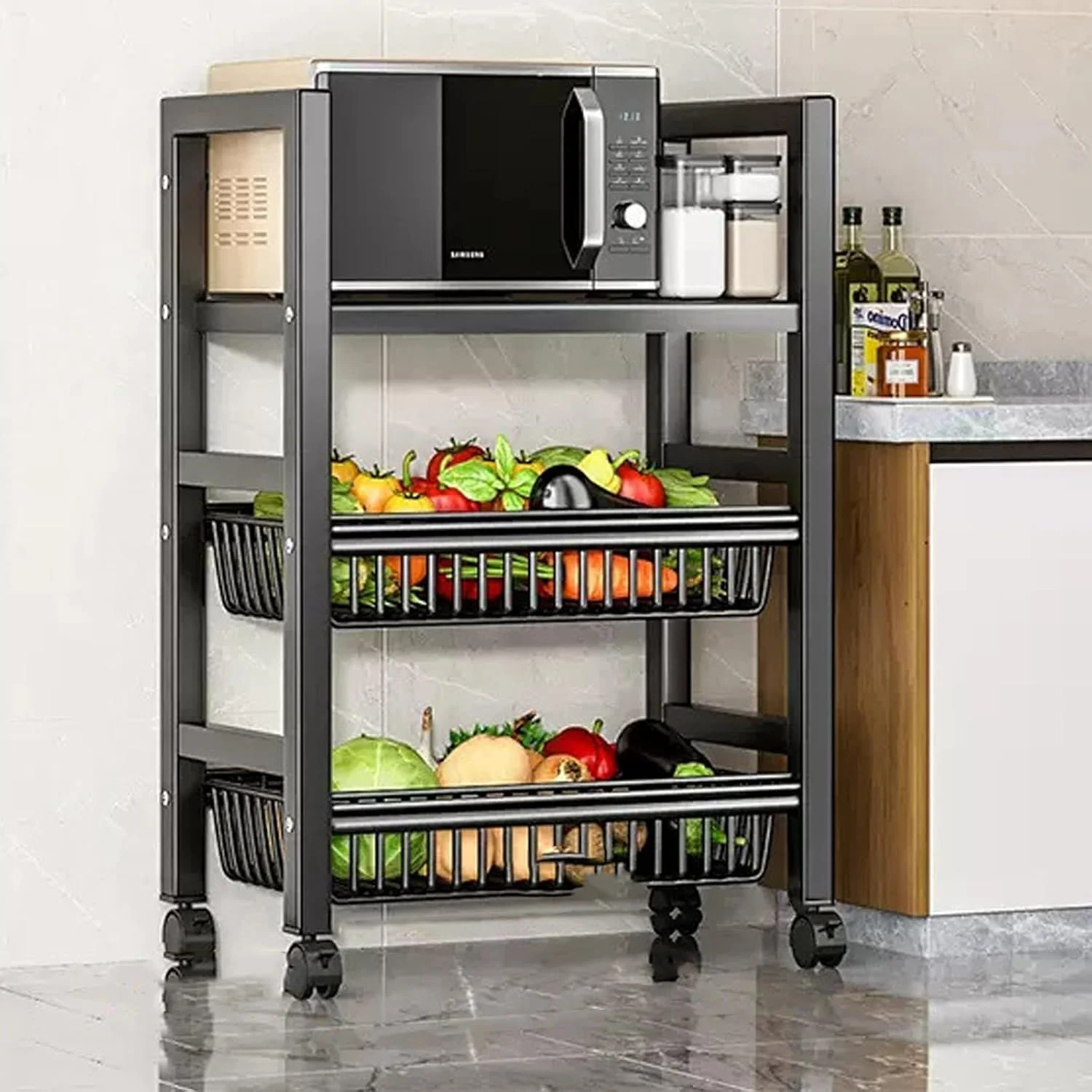 قفسه ذخیره سازی آشپزخانه Zucng، استند چرخ دار مایکروویو، واحد ذخیره سازی آشپزخانه، قفسه ذخیره سازی میوه و سبزیجات با سبد ذخیره سازی سیمی قابل جابجایی، قفسه ذخیره سازی کاربردی برای خانه و دفتر (3 طبقه)