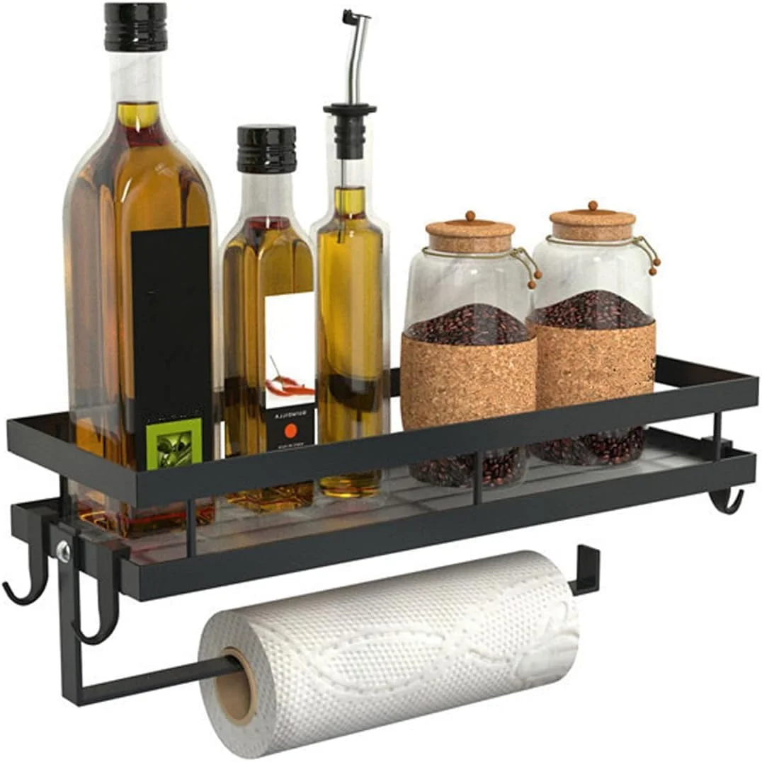 قفسه های شناور مشکی ZHHMl، قفسه ادویه دیواری، سازمان دهنده آویزان ادویه با نگهدارنده حوله کاغذی و قلاب برای آشپزخانه/حمام
