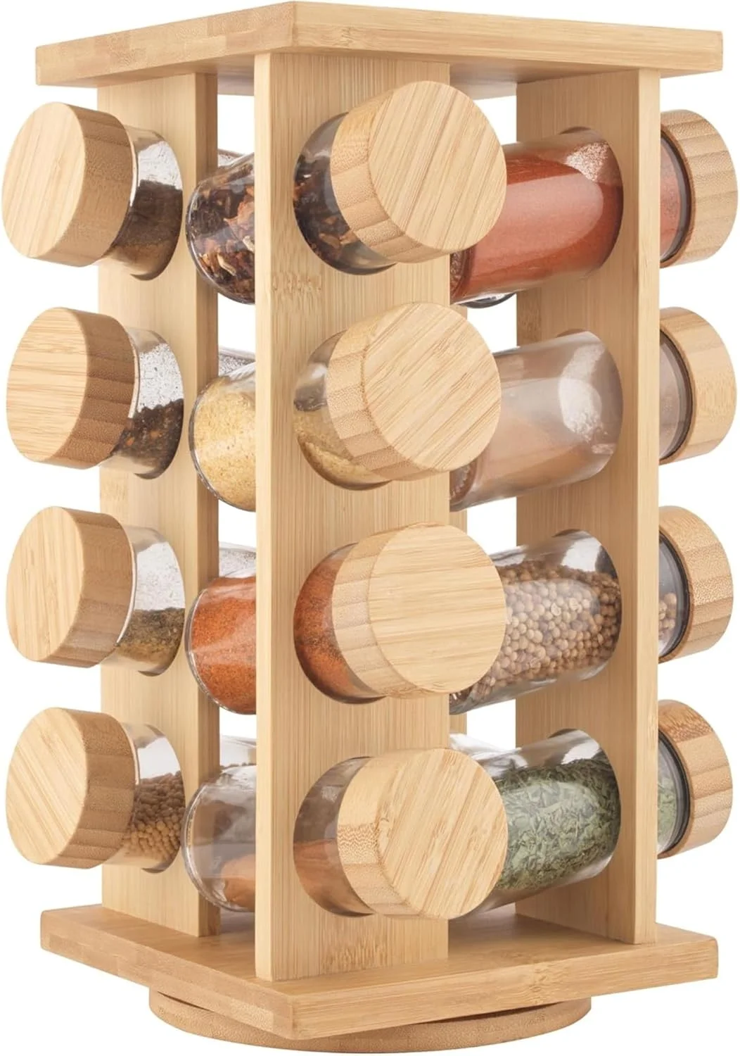 ارگانایزر ادویه چوبی Zenyx با شیشه های شیشه ای و درب بامبو - 12 شیشه با چرخش 360 درجه، راه حل های نگهداری آشپزخانه جمع و جور و بادوام، ست 12 شیشه ادویه، ارگانایزر روی میز آشپزخانه.