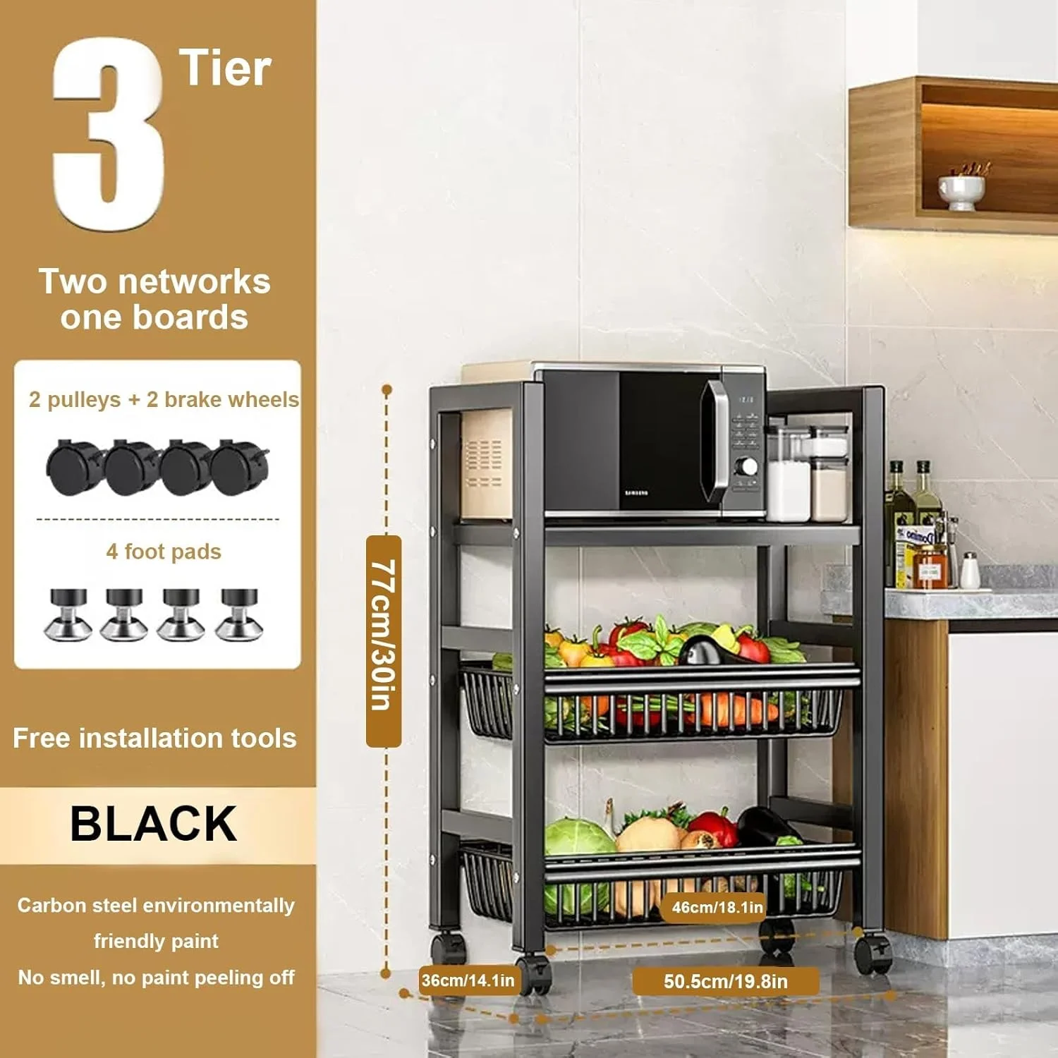 قفسه ذخیره سازی آشپزخانه Zucng، استند چرخ دار مایکروویو، واحد ذخیره سازی آشپزخانه، قفسه ذخیره سازی میوه و سبزیجات با سبد ذخیره سازی سیمی قابل جابجایی، قفسه ذخیره سازی کاربردی برای خانه و دفتر (3 طبقه)