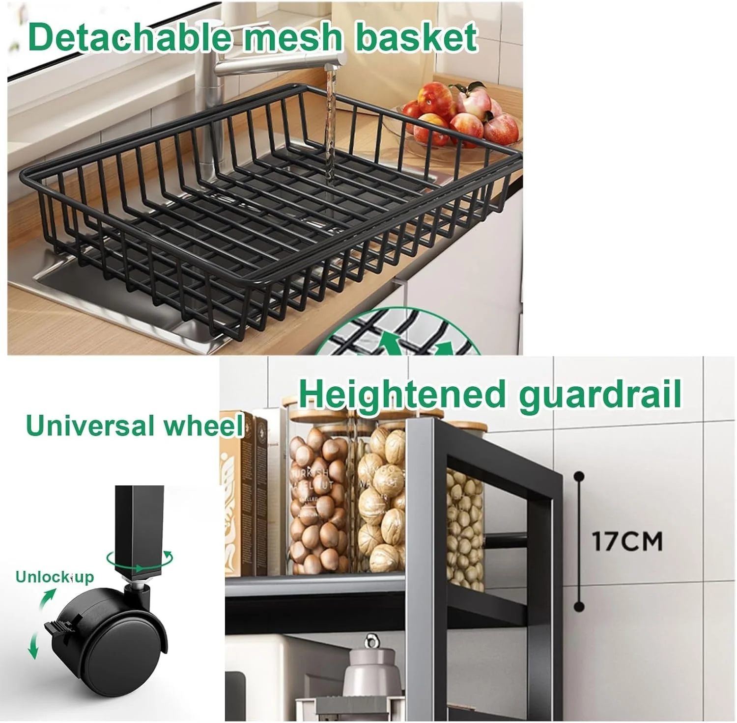 قفسه ذخیره سازی آشپزخانه Zucng، استند چرخ دار مایکروویو، واحد ذخیره سازی آشپزخانه، قفسه ذخیره سازی میوه و سبزیجات با سبد ذخیره سازی سیمی قابل جابجایی، قفسه ذخیره سازی کاربردی برای خانه و دفتر (3 طبقه)