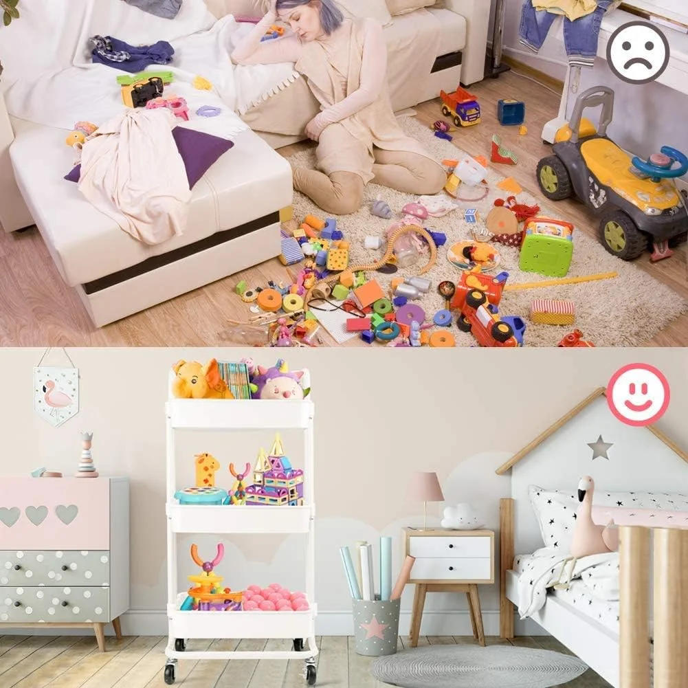 چرخ دستی سه طبقه چرخ دار YumLock با دسته، سبد توری سازمان دهنده قفسه های بزرگ چند منظوره و متحرک سنگین برای آشپزخانه، حمام، اتاق خواب، دفتر کار، سفید