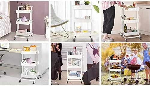 چرخ دستی سه طبقه چرخ دار YumLock با دسته، سبد توری سازمان دهنده قفسه های بزرگ چند منظوره و متحرک سنگین برای آشپزخانه، حمام، اتاق خواب، دفتر کار، سفید