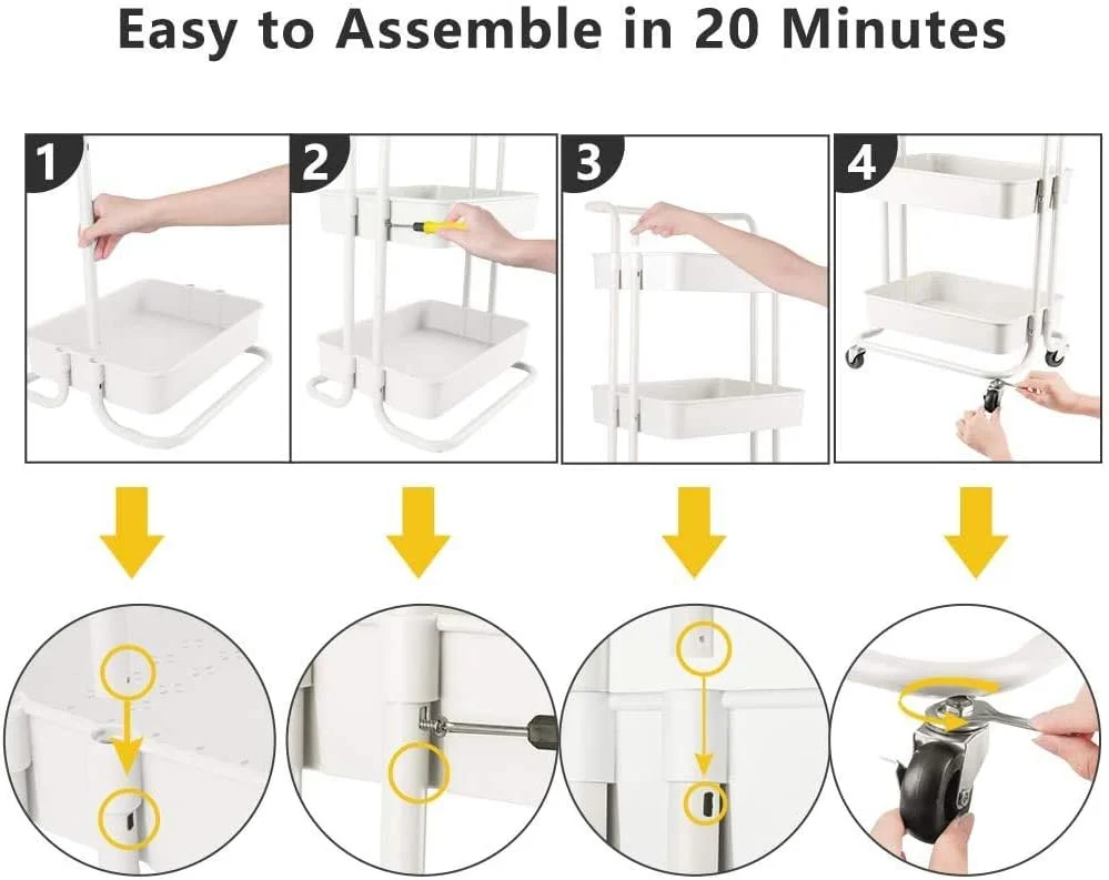 چرخ دستی سه طبقه چرخ دار YumLock با دسته، سبد توری سازمان دهنده قفسه های بزرگ چند منظوره و متحرک سنگین برای آشپزخانه، حمام، اتاق خواب، دفتر کار، سفید