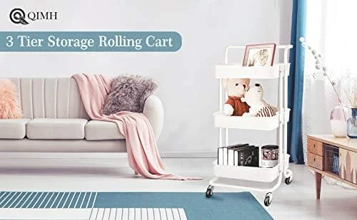چرخ دستی سه طبقه چرخ دار YumLock با دسته، سبد توری سازمان دهنده قفسه های بزرگ چند منظوره و متحرک سنگین برای آشپزخانه، حمام، اتاق خواب، دفتر کار، سفید