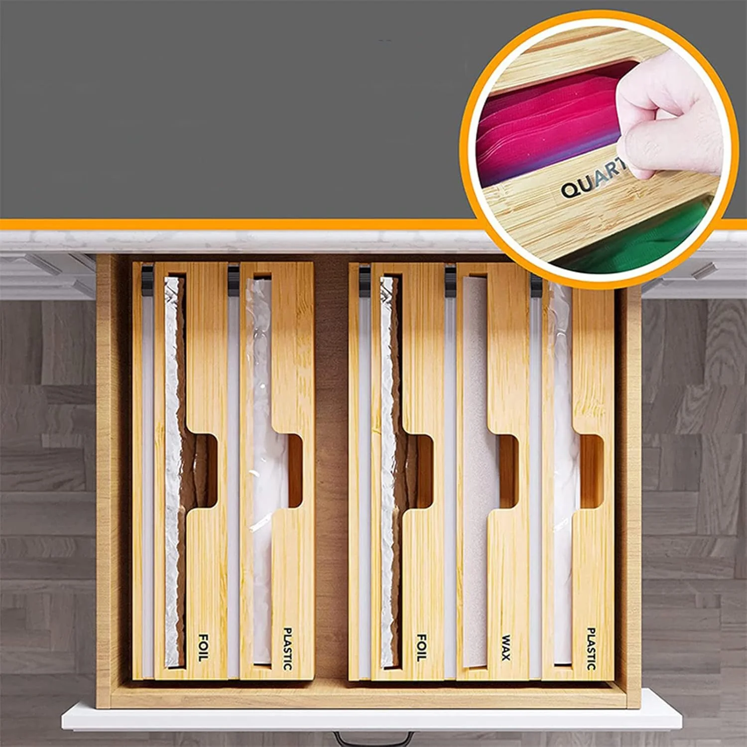جعبه نگهداری فویل و سلفون بامبو ZHWDD، با برچسب، پخش کننده فویل آلومینیومی و کاغذ روغنی برای کشوی آشپزخانه، نگهدارنده ارگانایزر رول بامبو، قابل استفاده مجدد و محکم (2 خانه)