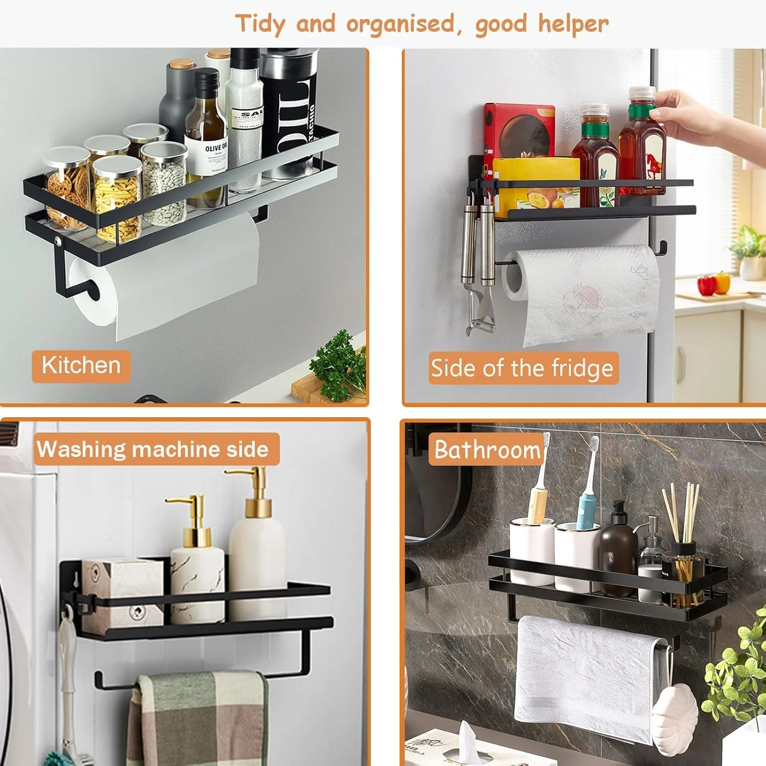 قفسه های شناور مشکی ZHHMl، قفسه ادویه دیواری، سازمان دهنده آویزان ادویه با نگهدارنده حوله کاغذی و قلاب برای آشپزخانه/حمام قفسه های شناور مشکی ZHHMl، قفسه ادویه دیواری، سازمان دهنده آویزان ادویه با نگهدارنده حوله کاغذی و قلاب برای آشپزخانه/حمام