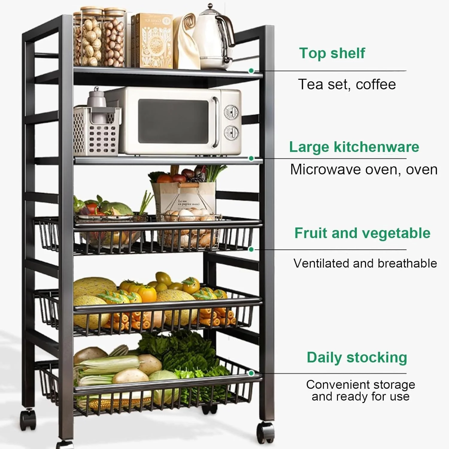 قفسه ذخیره سازی آشپزخانه Zucng، استند چرخ دار مایکروویو، واحد ذخیره سازی آشپزخانه، قفسه ذخیره سازی میوه و سبزیجات با سبد ذخیره سازی سیمی قابل جابجایی، قفسه ذخیره سازی کاربردی برای خانه و دفتر (3 طبقه)