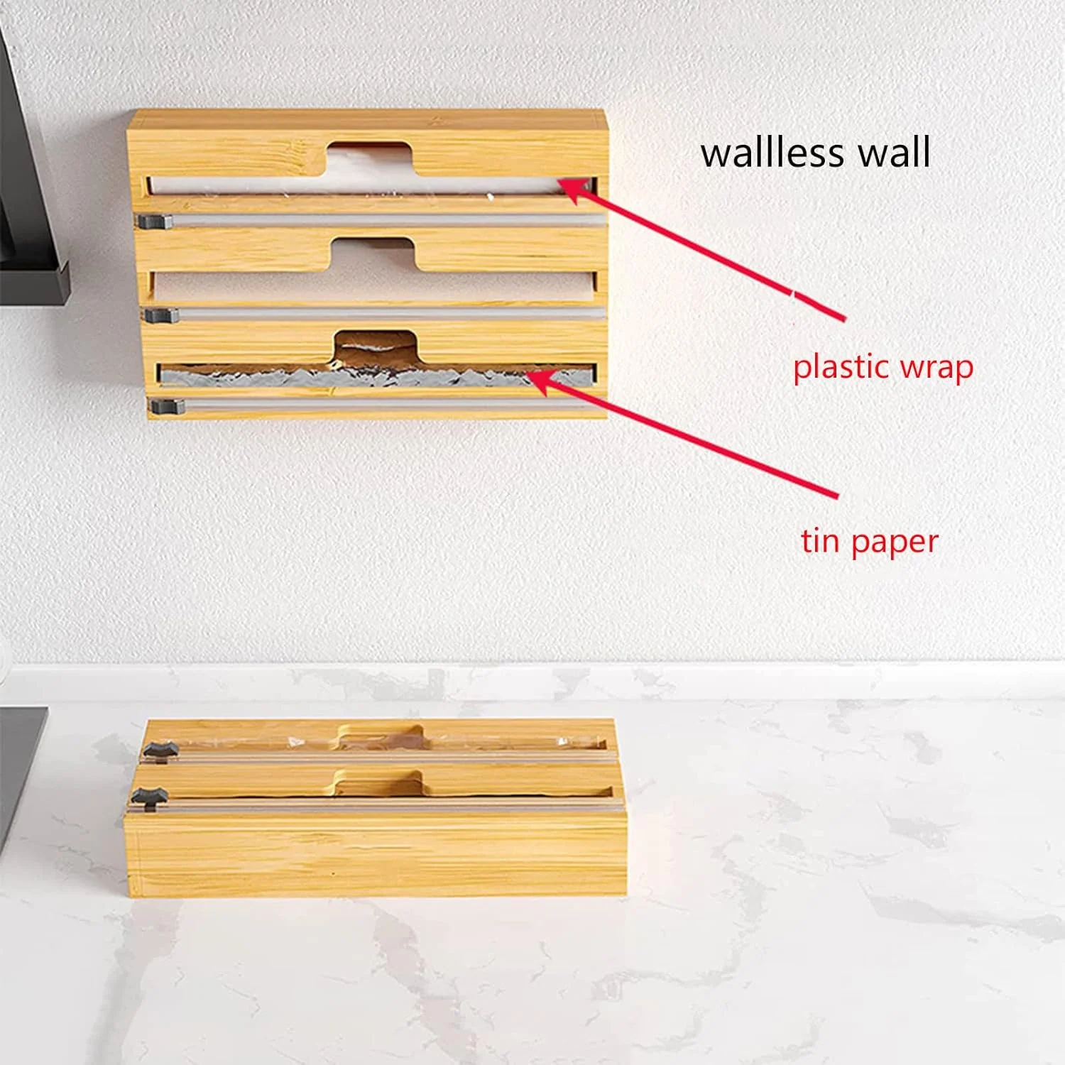 جعبه نگهداری فویل و سلفون بامبو ZHWDD، با برچسب، پخش کننده فویل آلومینیومی و کاغذ روغنی برای کشوی آشپزخانه، نگهدارنده ارگانایزر رول بامبو، قابل استفاده مجدد و محکم (2 خانه)