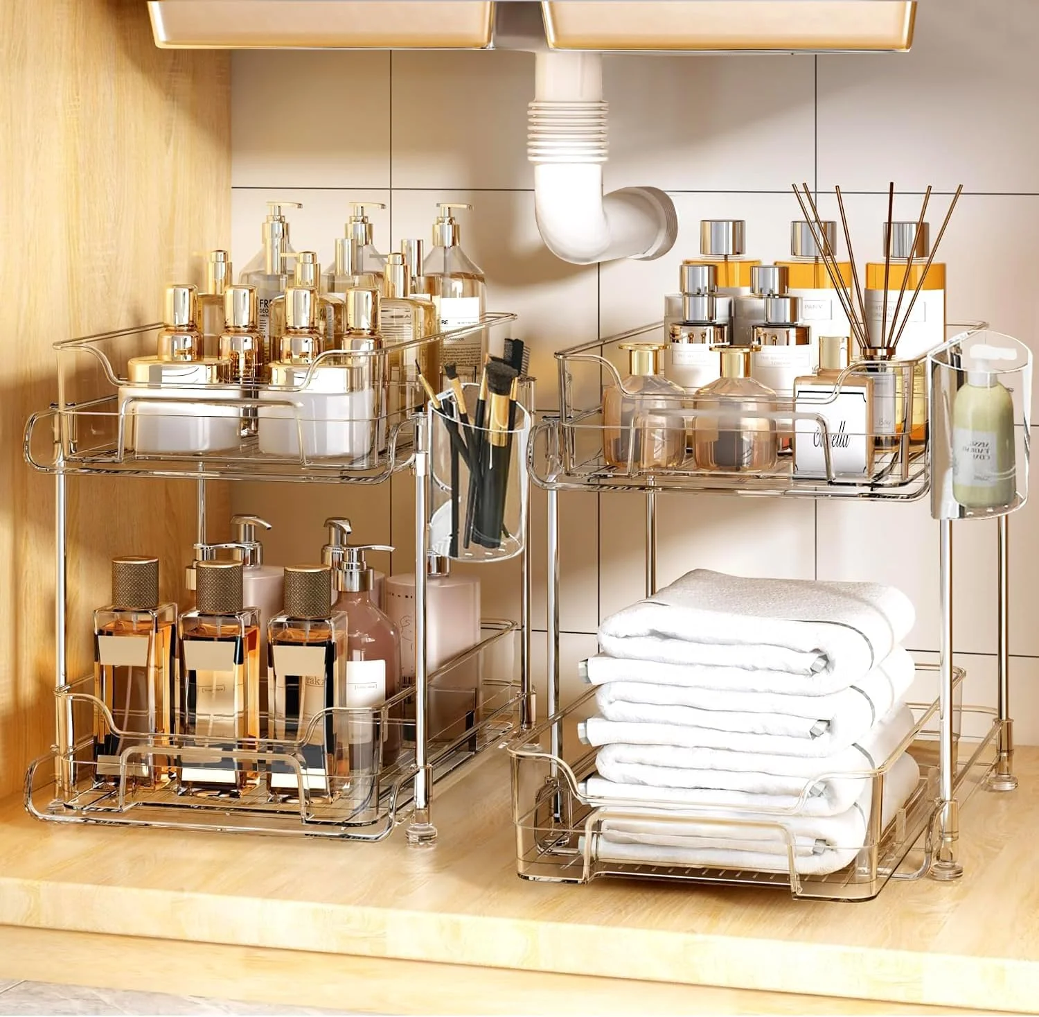 ارگانایزر زیر سینک Yoawllty، ارگانایزر کابینت حمام 2 طبقه، ارگانایزرهای شفاف با جداکننده و فنجان، ظرف نگهداری کشویی چند منظوره برای کابینت، یخچال، آشپزخانه، لوازم آرایش (2 عدد) ارگانایزر زیر سینک Yoawllty، ارگانایزر کابینت حمام 2 طبقه، ارگانایزرهای شفاف با جداکننده و فنجان، ظرف نگهداری کشویی چند منظوره برای کابینت، یخچال، آشپزخانه، لوازم آرایش (2 عدد)