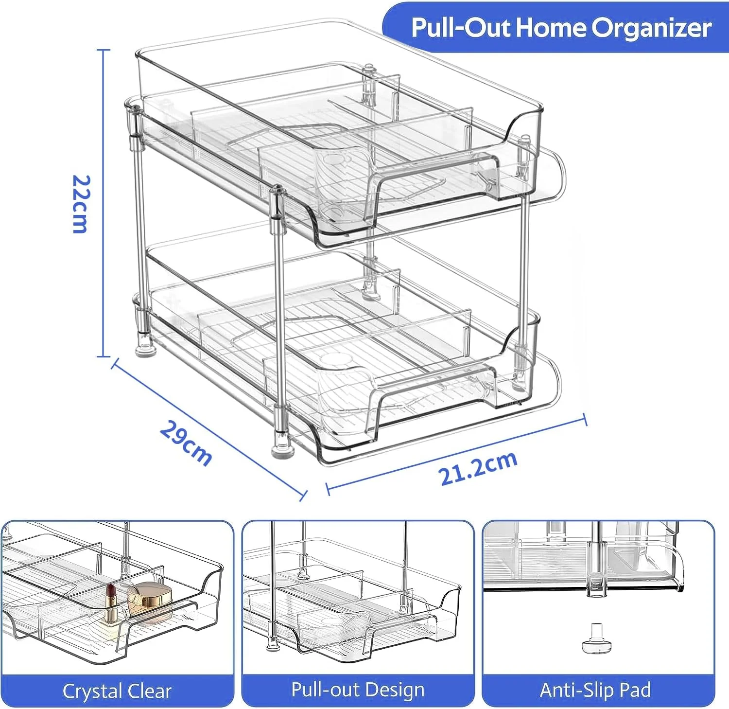 ارگانایزر زیر سینک Yoawllty، ارگانایزر کابینت حمام 2 طبقه، ارگانایزرهای شفاف با جداکننده و فنجان، ظرف نگهداری کشویی چند منظوره برای کابینت، یخچال، آشپزخانه، لوازم آرایش (2 عدد)