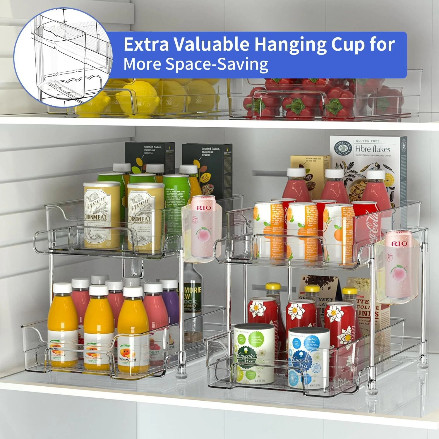 ارگانایزر زیر سینک Yoawllty، ارگانایزر کابینت حمام 2 طبقه، ارگانایزرهای شفاف با جداکننده و فنجان، ظرف نگهداری کشویی چند منظوره برای کابینت، یخچال، آشپزخانه، لوازم آرایش (2 عدد)