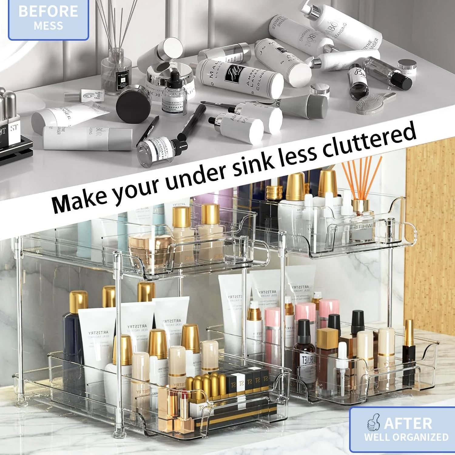 ارگانایزر زیر سینک Yoawllty، ارگانایزر کابینت حمام 2 طبقه، ارگانایزرهای شفاف با جداکننده و فنجان، ظرف نگهداری کشویی چند منظوره برای کابینت، یخچال، آشپزخانه، لوازم آرایش (2 عدد)