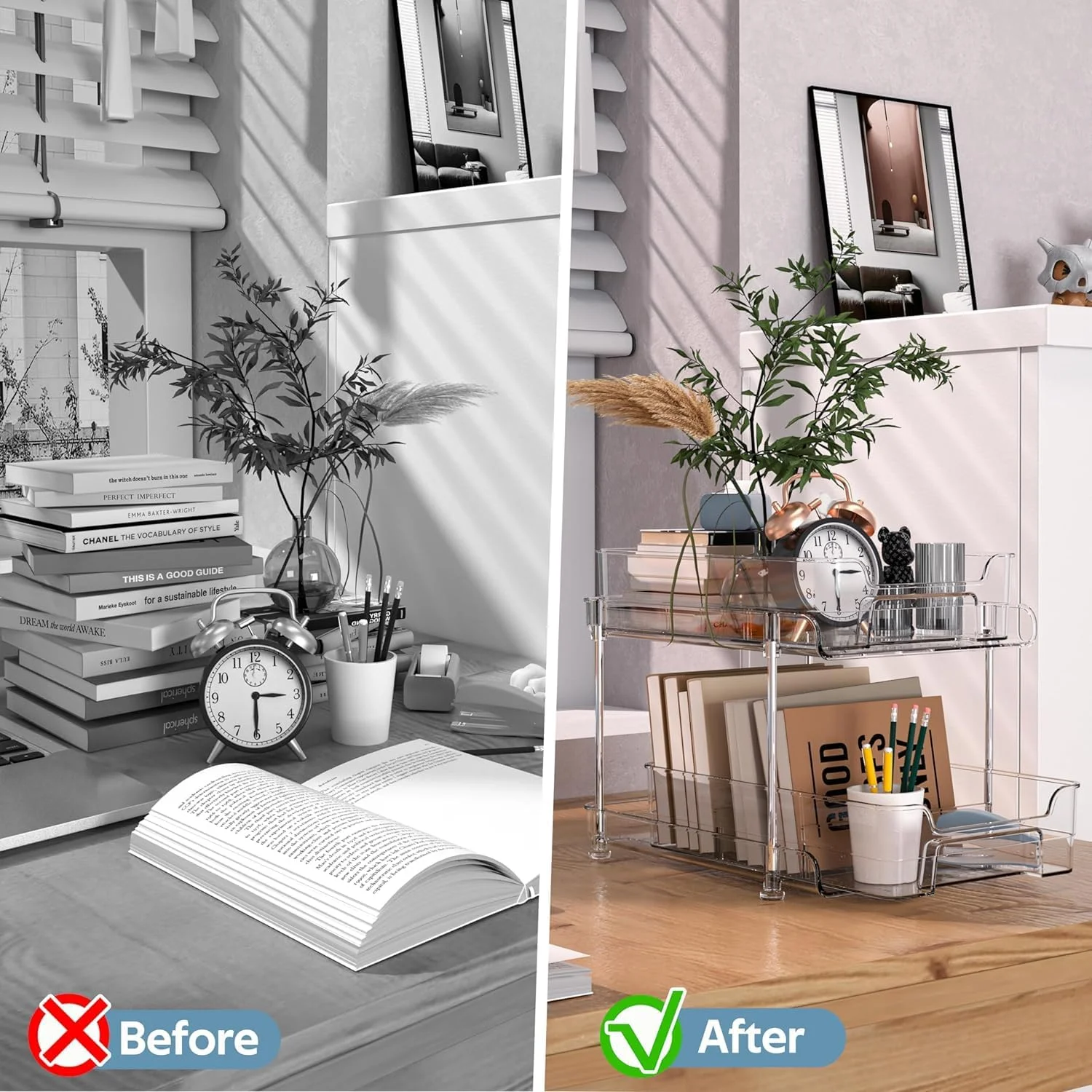 ارگانایزر زیر سینک Yoawllty، ارگانایزر کابینت حمام 2 طبقه، ارگانایزرهای شفاف با جداکننده و فنجان، ظرف نگهداری کشویی چند منظوره برای کابینت، یخچال، آشپزخانه، لوازم آرایش (2 عدد)