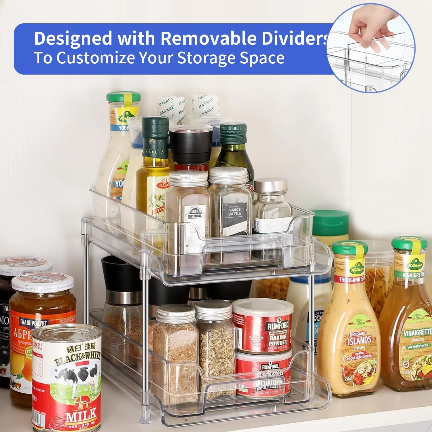 ارگانایزر زیر سینک Yoawllty، ارگانایزر کابینت حمام 2 طبقه، ارگانایزرهای شفاف با جداکننده و فنجان، ظرف نگهداری کشویی چند منظوره برای کابینت، یخچال، آشپزخانه، لوازم آرایش (2 عدد)