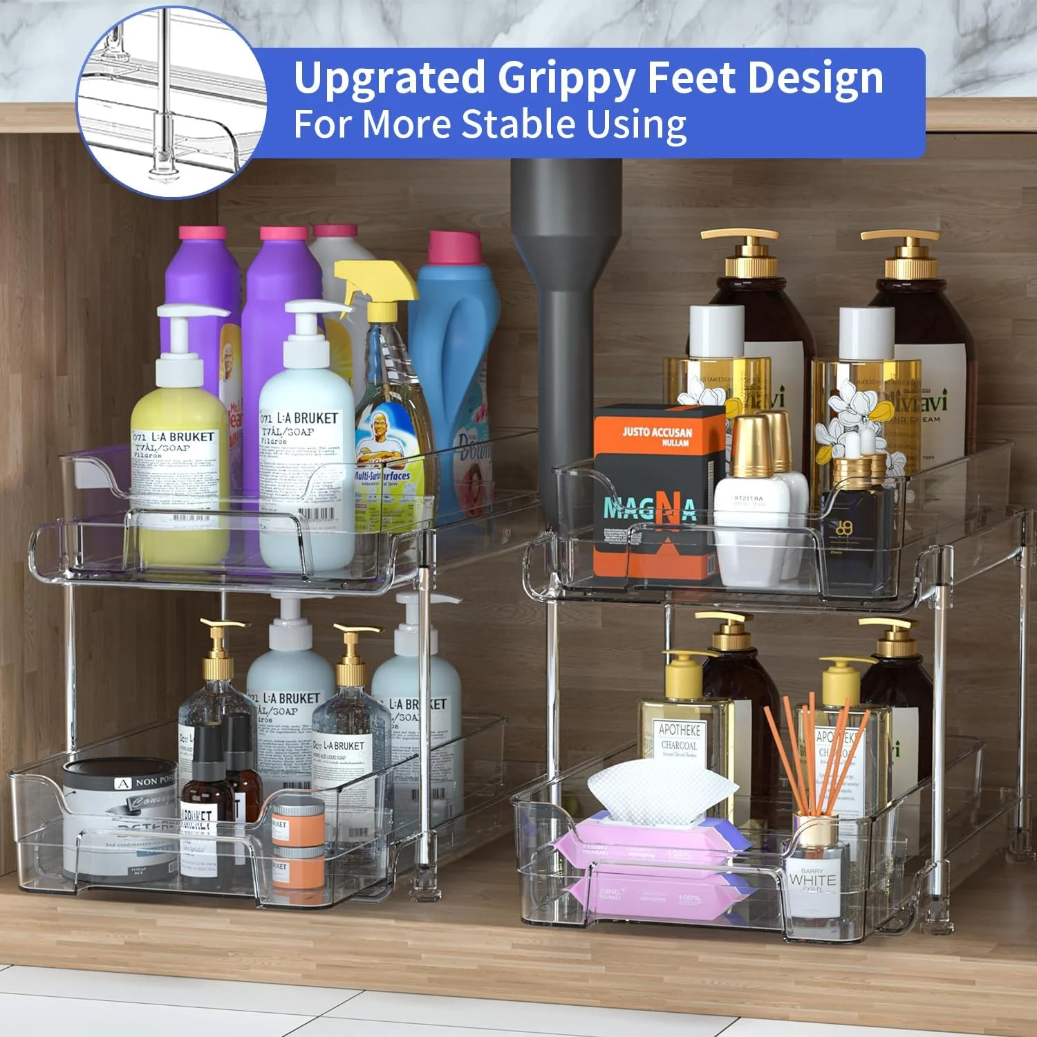 ارگانایزر زیر سینک Yoawllty، ارگانایزر کابینت حمام 2 طبقه، ارگانایزرهای شفاف با جداکننده و فنجان، ظرف نگهداری کشویی چند منظوره برای کابینت، یخچال، آشپزخانه، لوازم آرایش (2 عدد)