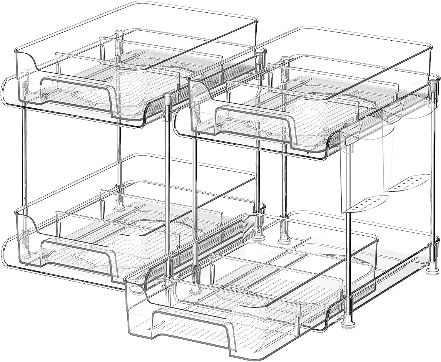 ارگانایزر زیر سینک Yoawllty، ارگانایزر کابینت حمام 2 طبقه، ارگانایزرهای شفاف با جداکننده و فنجان، ظرف نگهداری کشویی چند منظوره برای کابینت، یخچال، آشپزخانه، لوازم آرایش (2 عدد)