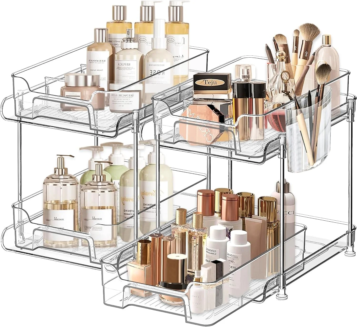 ارگانایزر زیر سینک Yoawllty، ارگانایزر کابینت حمام 2 طبقه، ارگانایزرهای شفاف با جداکننده و فنجان، ظرف نگهداری کشویی چند منظوره برای کابینت، یخچال، آشپزخانه، لوازم آرایش (2 عدد)