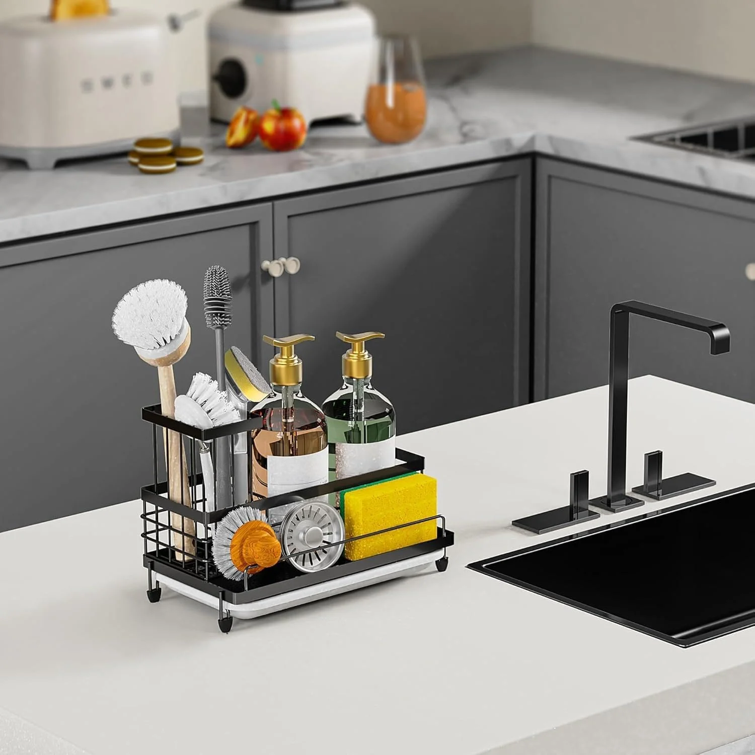 جا اسکاچی یلا جوی، ارگانایزر سینک ظرفشویی، جا برس و اسکاچ دو طبقه، جا قاشق چنگالی استیل، جا مایع ظرفشویی همراه با سینی، لوازم جانبی و رک نگهداری (مشکی)