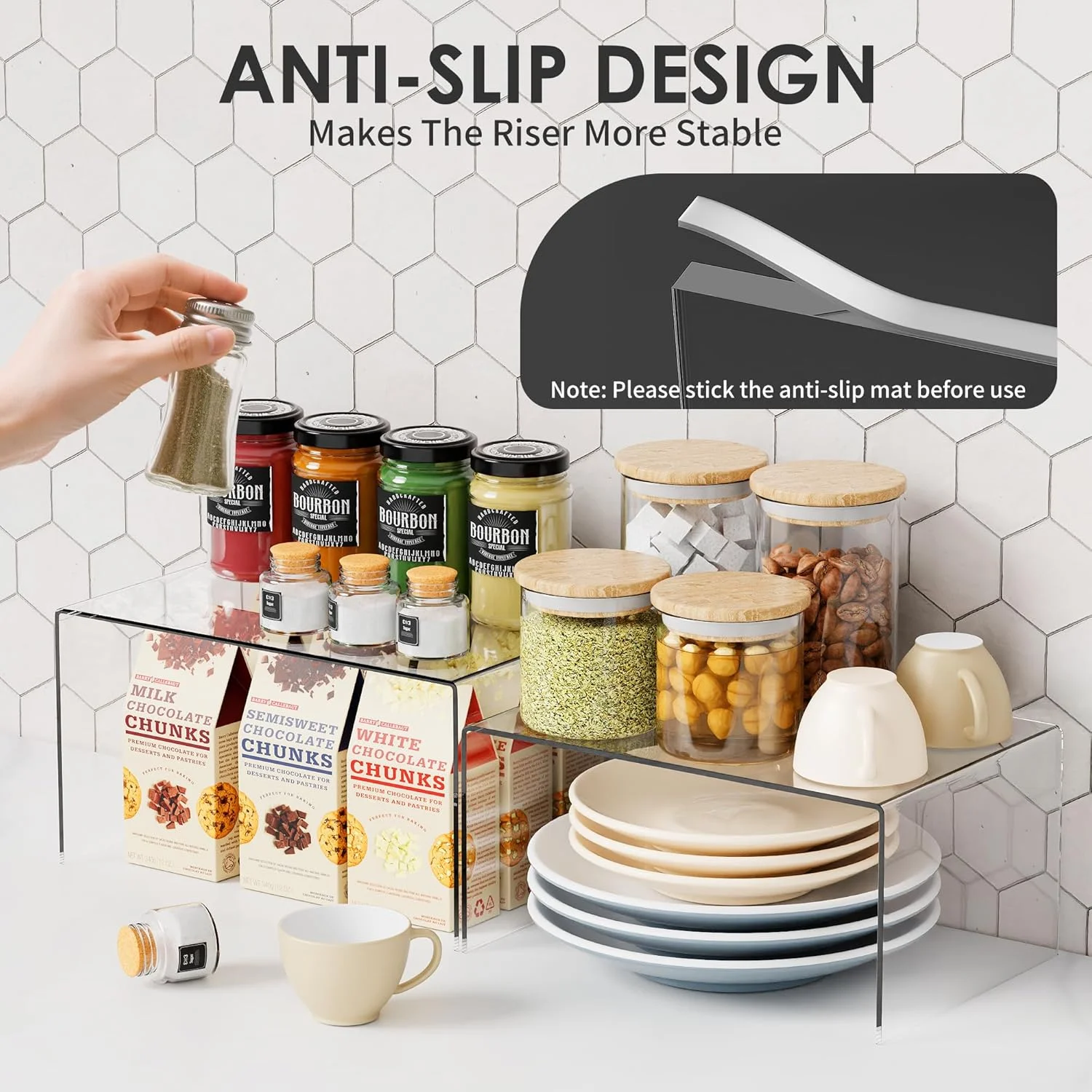 ست 2 عددی پایه کابینت آشپزخانه اکرلیک شفاف Yakaly - سازمان دهنده قفسه های قابل انباشت ضد لغزش، قفسه های صرفه جویی در فضا برای نمایش پیشخوان و سازماندهی ادویه